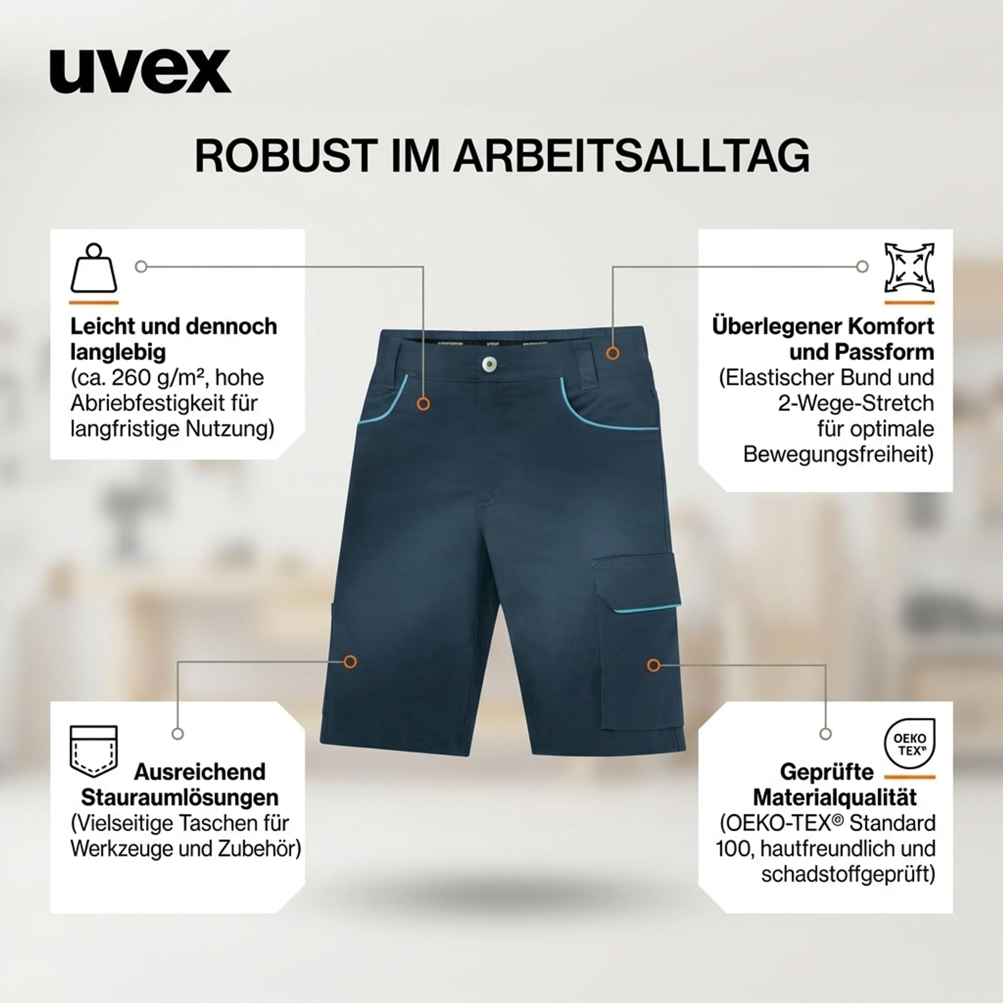 Uvex Tune-up Light męskie szorty robocze – lekkie 2-kierunkowe elastyczne
