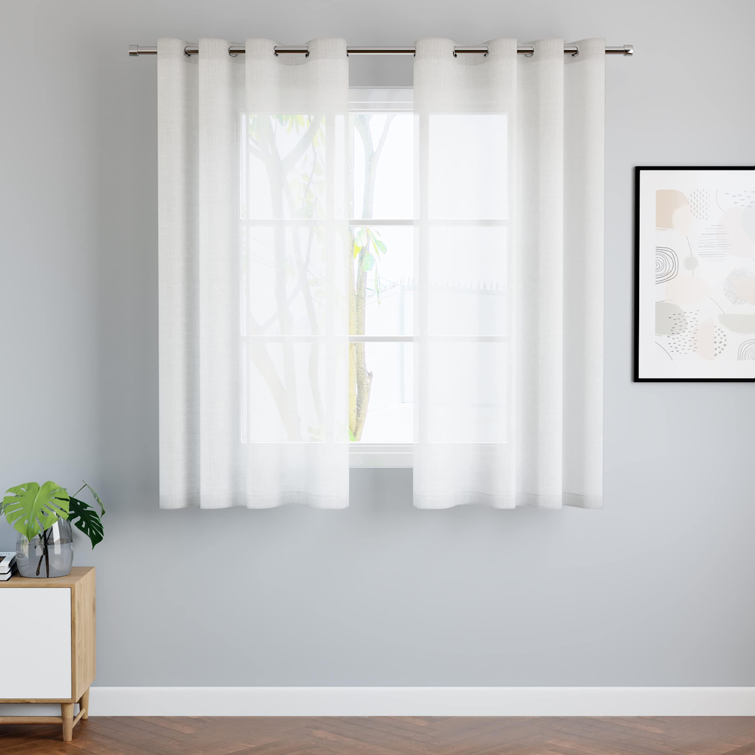 Encasa XO Cotton Linen Solid Sheer Curtains with Eyelet Rings, Linen Textured Curtains for Window Set of 2 -White- 5 ft (140x152 cm)