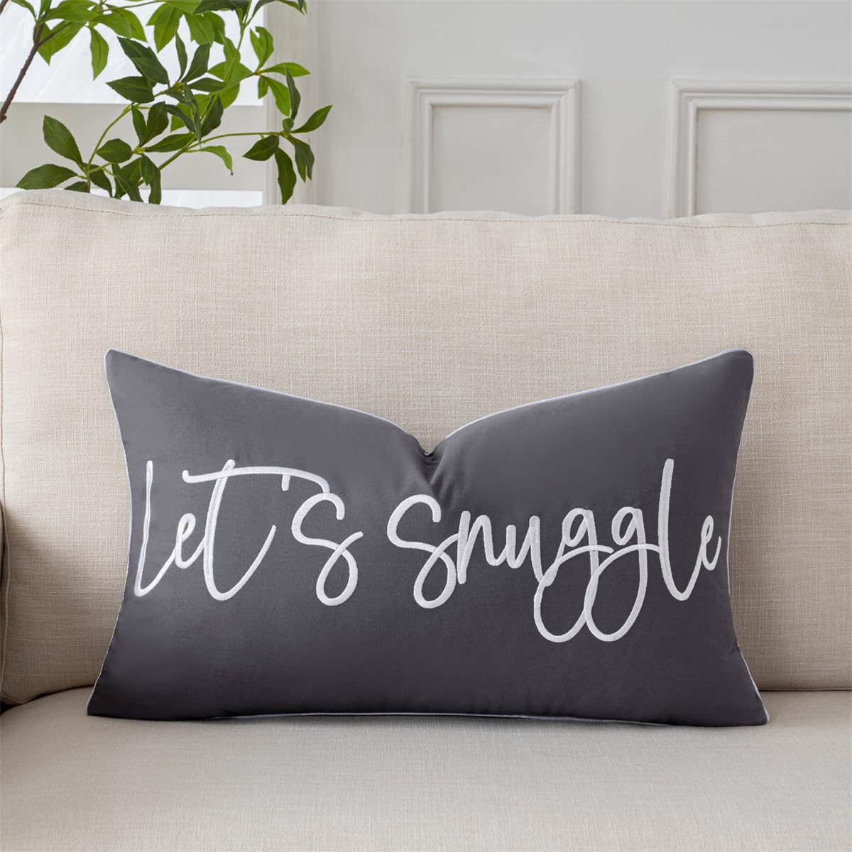 Sunkifover Dark Grey Let's Snuggle Decorative Lumbar Pillow Cover - 14X24 Inch Cotton Embroidery Throw Pillowcase For Bed, Bedroom, Living Room, Home Decor