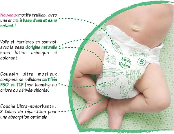 Love & Green - Couches Bébé Saines et Ecologiques - Taille 5 (11-25 Kg) - Pack 1 Mois (160 Couches) - Absorbante, anti-fuites et sans ingrédients indésirables - 4