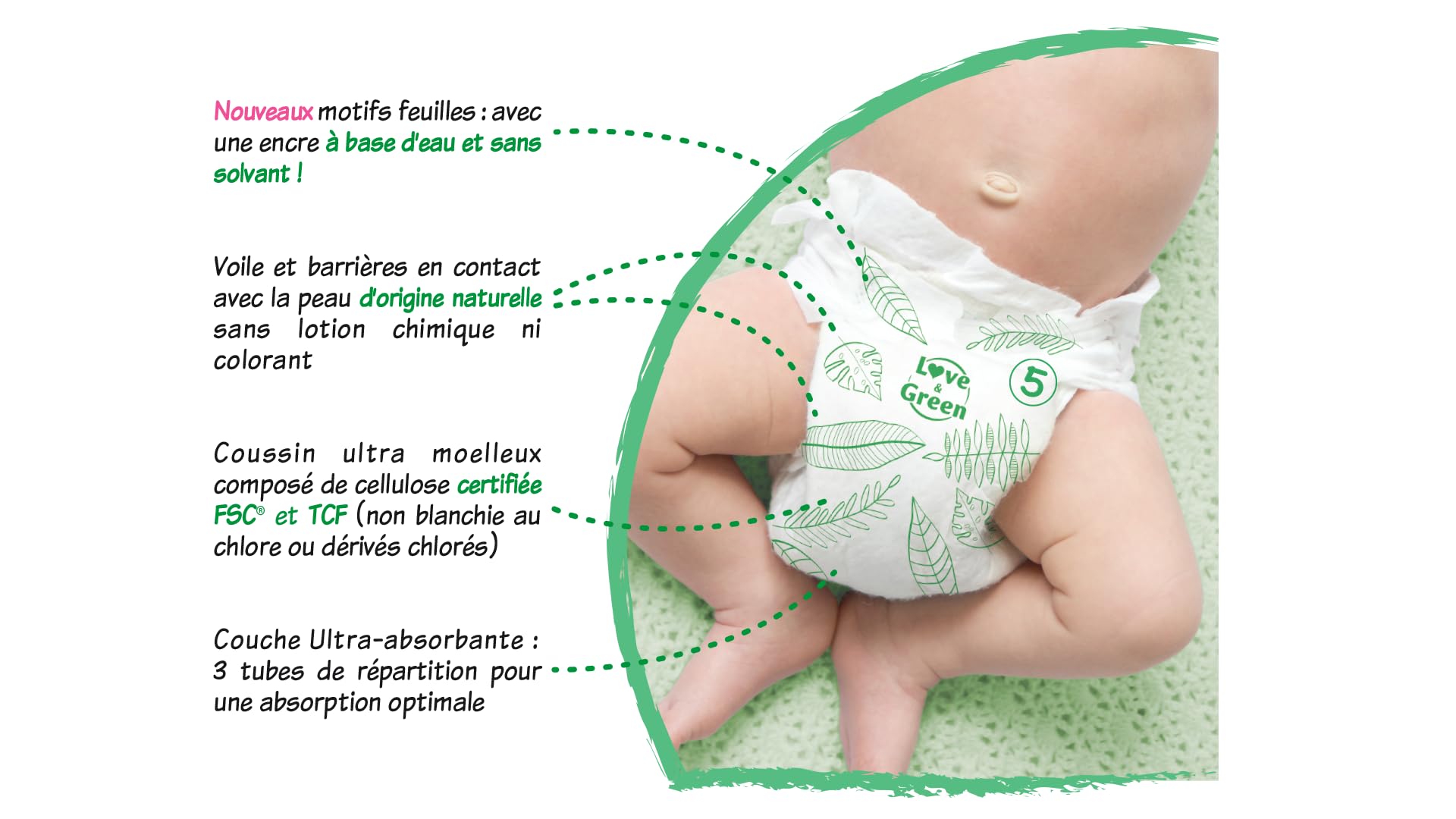 Love & Green - Couches Bébé Saines et Ecologiques - Taille 5 (11-25 Kg) - Pack 1 Mois (160 Couches) - Absorbante, anti-fuites et sans ingrédients indésirables - 5