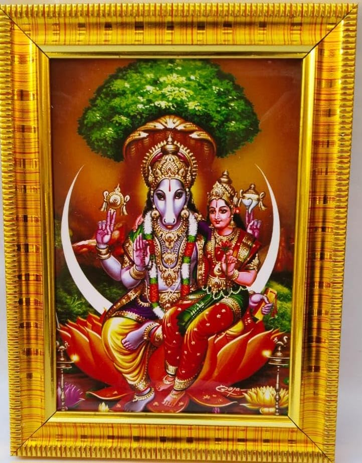 Hayagreeva Swamy Lakshmi ; Hygriver with Laxmi Devi | Home Decor | Puja Room | Hindu Goddess Photo Frame with Hook (Golden, 6 x 8 inch)-image-13