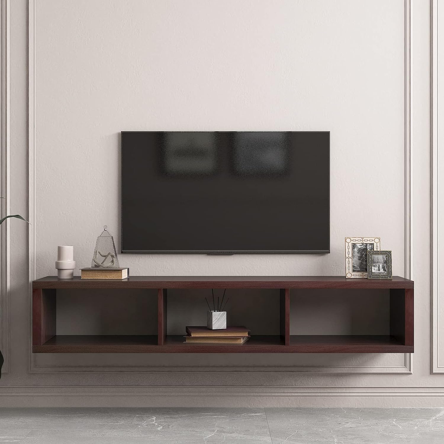 60" Solid Sheesham Wood Floating Tv Stand Wall Mounted with 3 Open Compartments Hanging Entertainment Center Cabinet for Bedroom | Living Room | Hall-Way 60" x 12" x 10" (Mahogny Finish)-image-37