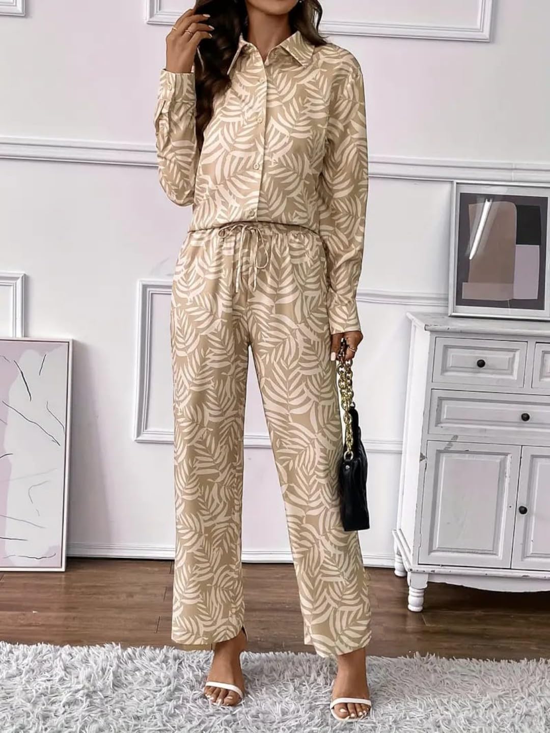 Gufrina Women's Polyester Co-Ord Set With Button-Up Top & Wide Leg Pant 3/4Th Sleeves Collar Neck Printed Pattern Regular Fit And Standard Length