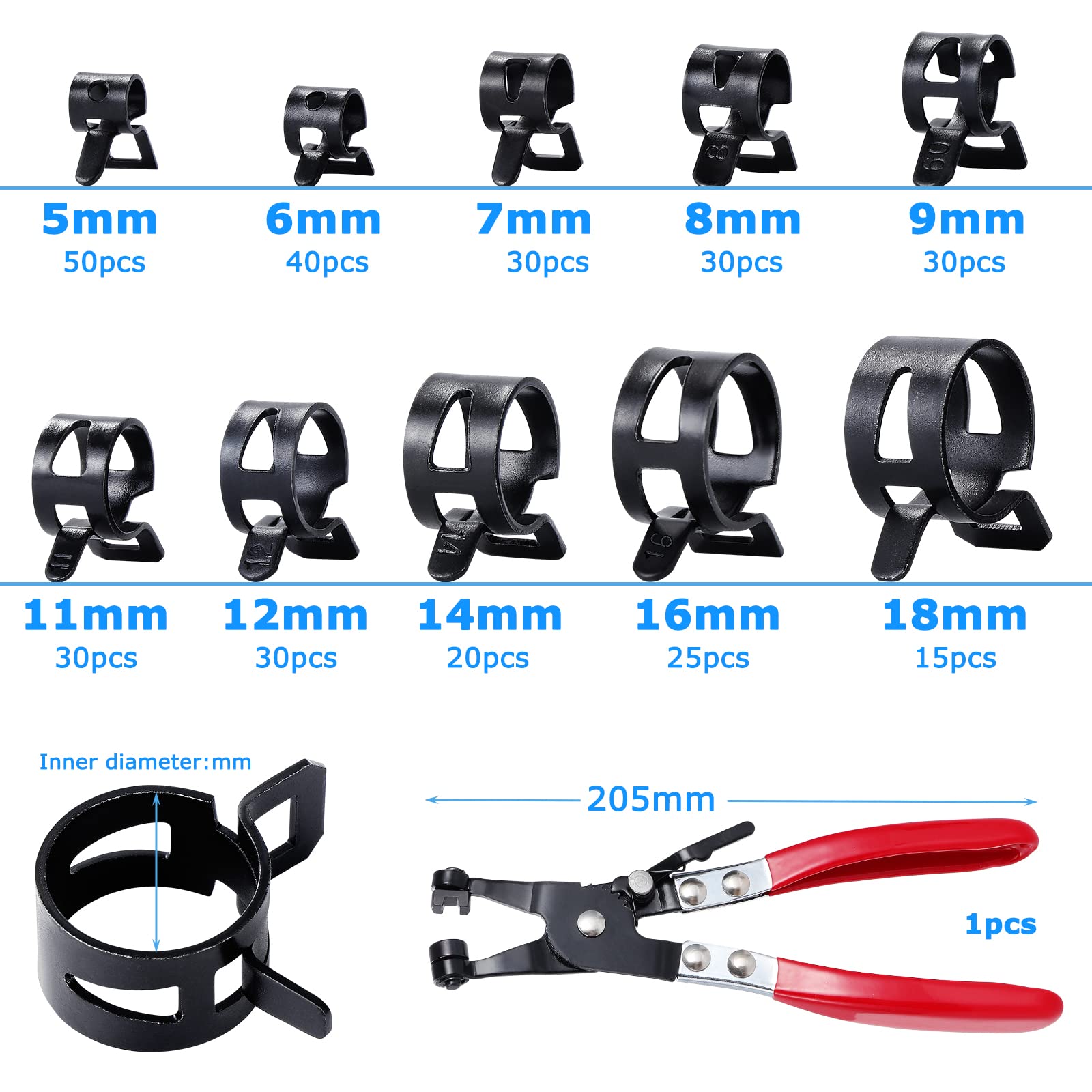 300 fascette stringitubo per tubo del carburante, 10 misure, in silicone, per tubo dell'aria e dell'acqua, con pinze per fascette da 5-18 mm