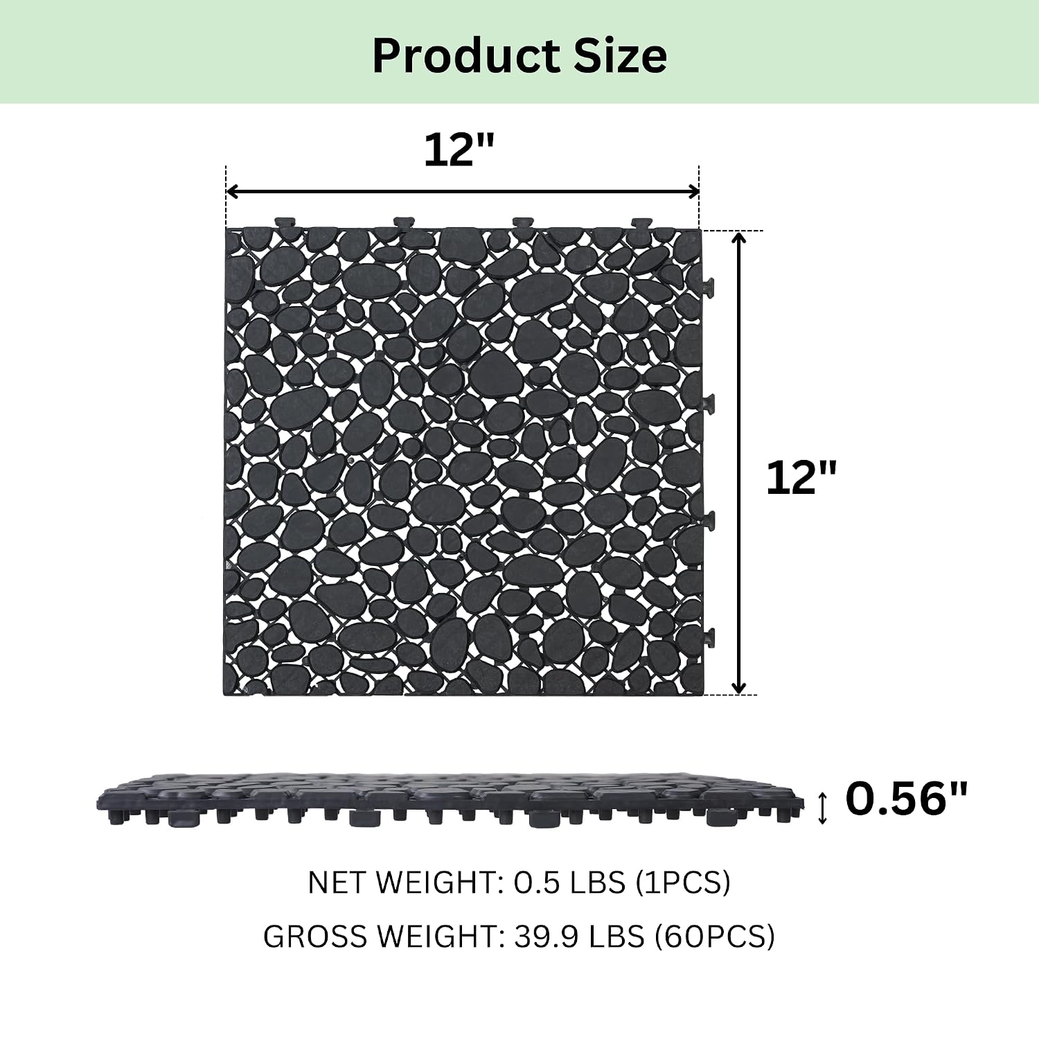60 Pcs Plastic Interlocking Deck Tiles, 12" x 12" Outdoor Interlocking Tiles for Patio, Porch, and Balcony, Waterproof Plastic, Pebble Stone Pattern, Black