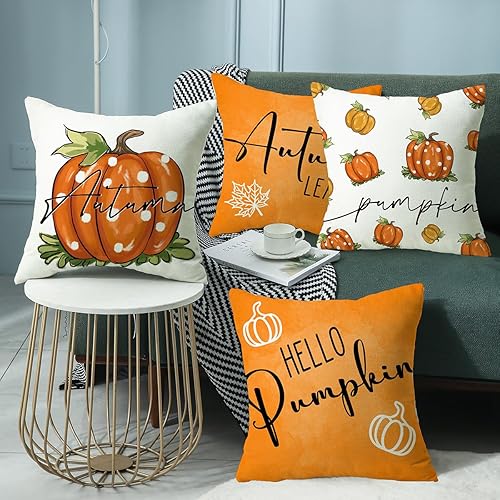 Miniatura 6 de Juego de 4 fundas de almohada de otoño de 18 x 18 pulgadas, diseño de calabaza de otoño, Acción de Gracias, fundas de almohada decorativas para