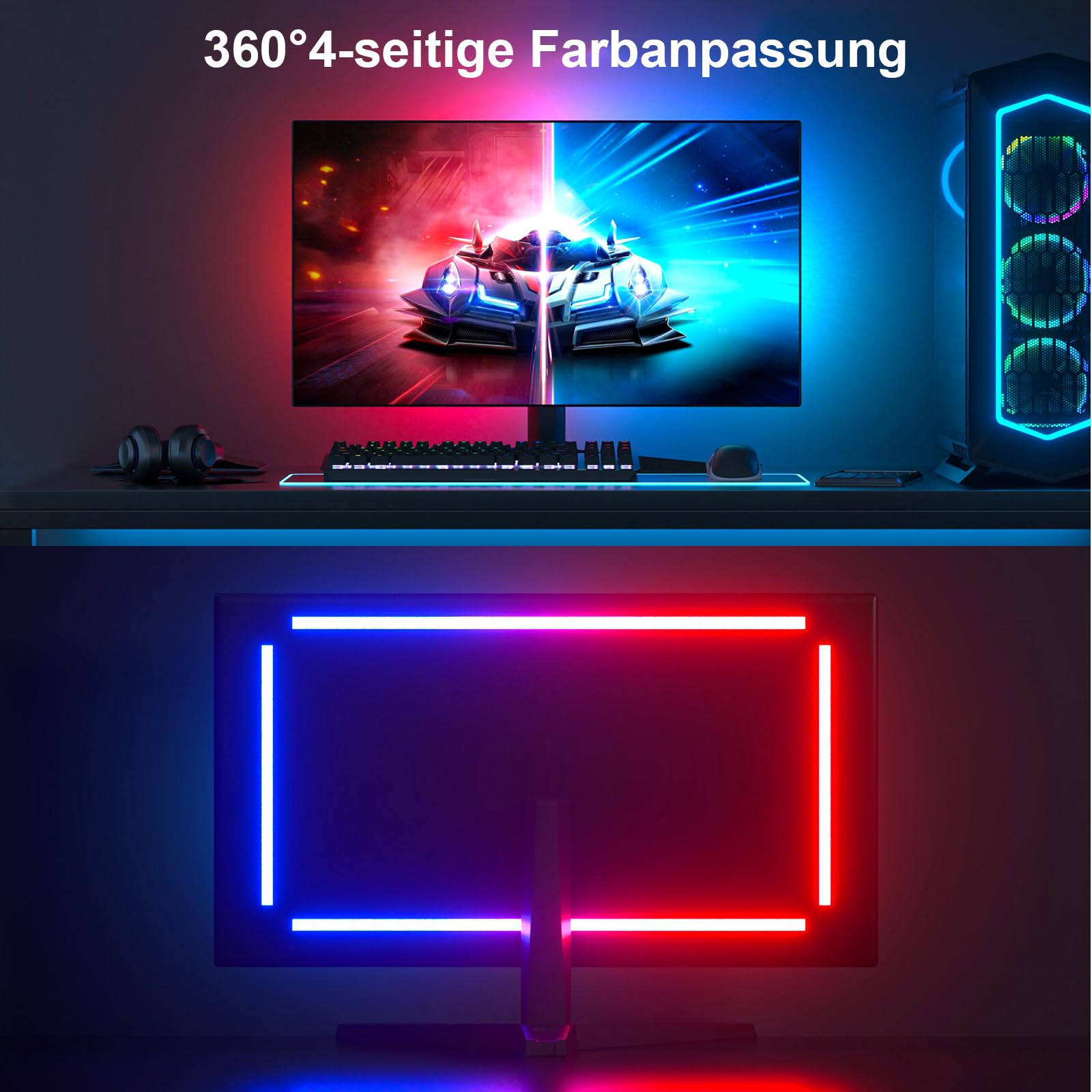 4 sides 24-27 Zoll PC Monitor Hintergrundbeleuchtung,RGBIC LED-Lichtstreifen synchron mit Bildschirmfarbe und Musik für Spiele, Filme usw., einfach zu verwenden ohne Kamera, Softwaresteuerung
