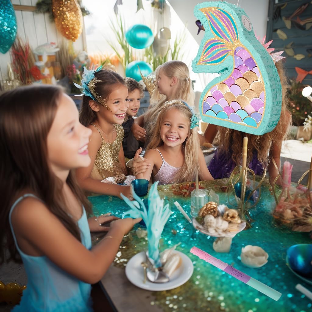 Mermaid Tail Pinata - Mermaid Pinata with Blindfold and Bat for Girls Kids Ocean Theme Birthday Party Game Decorations (Small Size 17”x12”x3”)