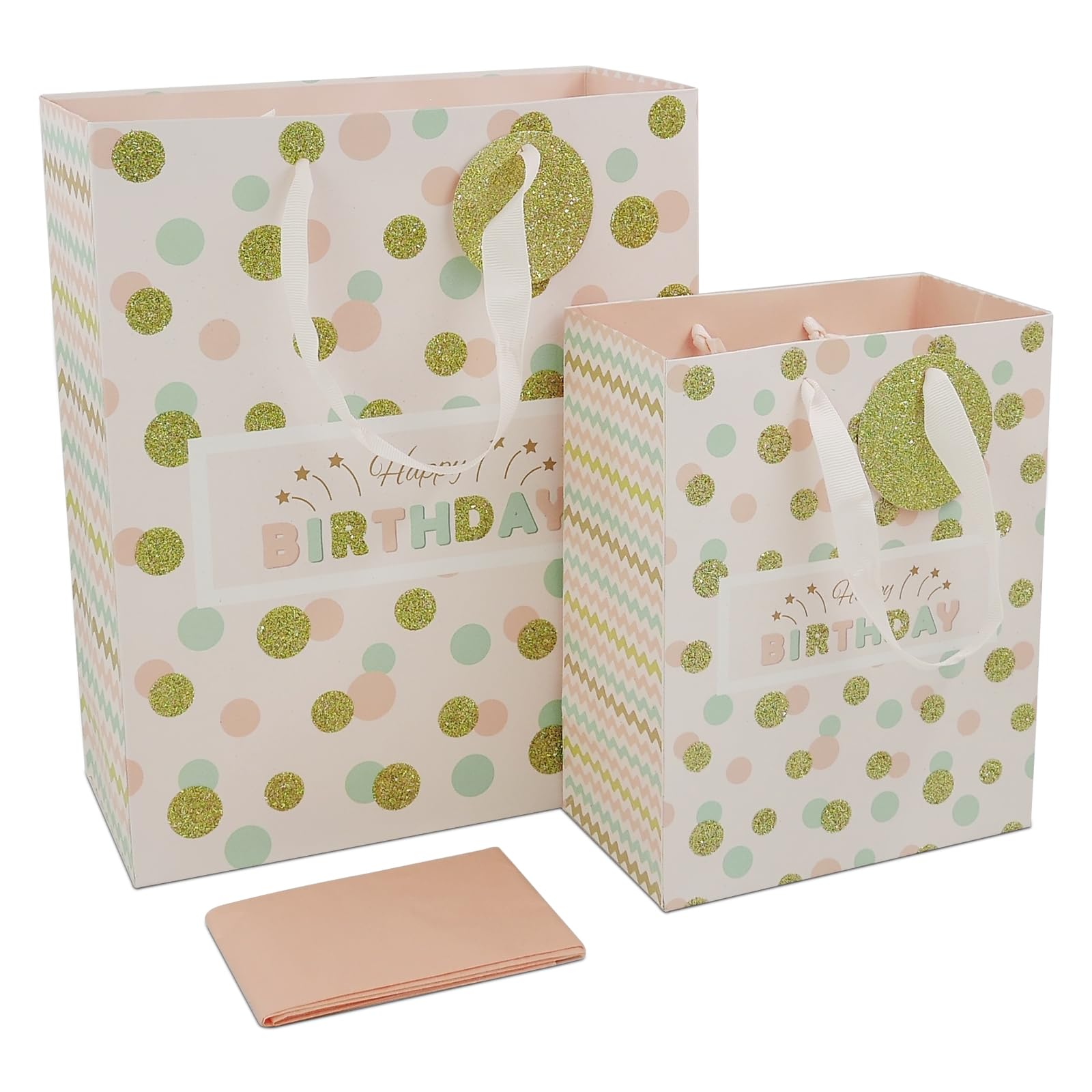 WRAPACKBirthday Gift Bags with Tissue Paper and Gift Tag, 9'' Medium and 13'' Large Assorted Sizes Gift Bags for Kids Women Girls (Gold, Pink and Green Dot)
