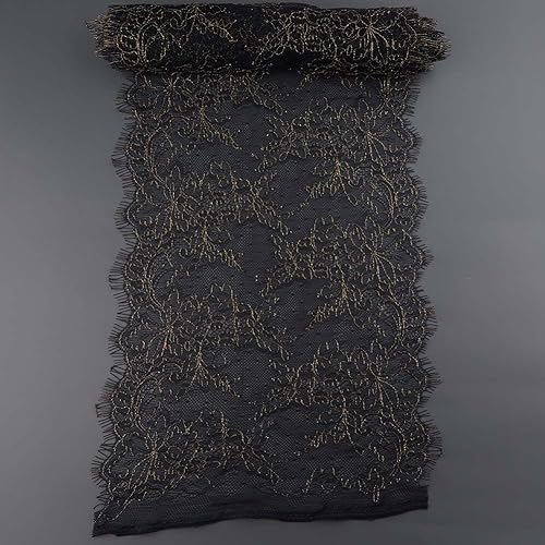 GORGECRAFT Tela de encaje metálico de 3.3 yardas x 10 pulgadas de ancho, cinta de encaje negro y dorado, para recortar pestañas, bordado, apliques
