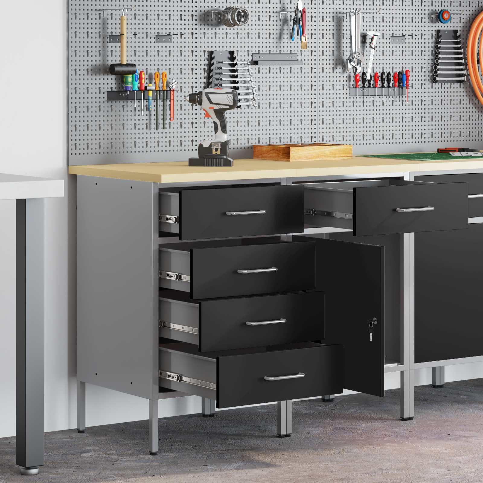 Banco da lavoro con cassetti 2 pezzi, nero e grigio, 75 x 45 x 85 cm, armadio da officina in legno e acciaio per attrezzi