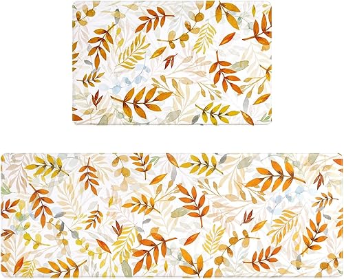 SHACOS Tapete de cocina antifatiga para otoño, 2 piezas, hojas de color naranja otoñal, hojas de arce, antideslizantes, acolchadas, alfombrillas