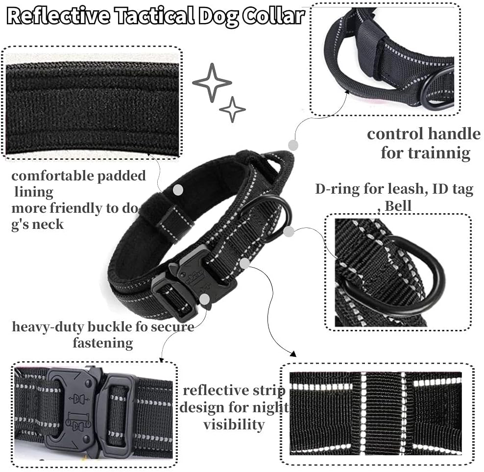 Reflective Tactical Dog Collar Military Dog Collar Nylon Dog Collar with Heavy Duty Metal Buckle and Handle Adjustable K9 Dog Collar for Training and Service (Black, XL) : Pet Supplies