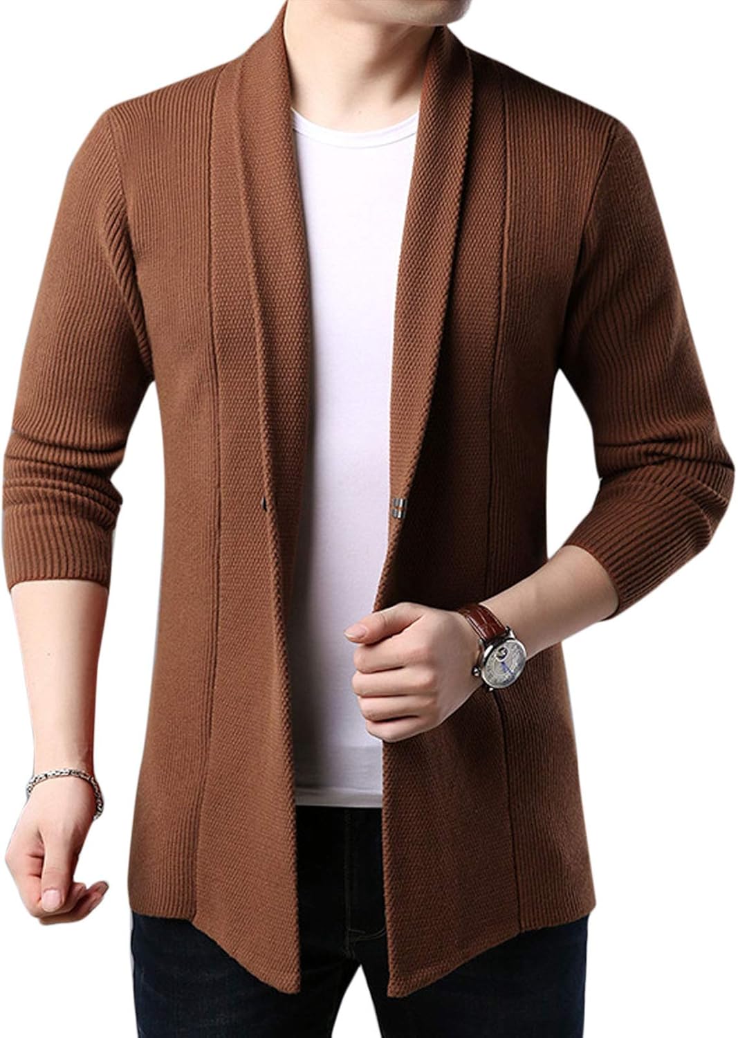 Flygo Men's Shawl Collar Open Front Button Down Thick Cable Knitted Cardigan Sweater