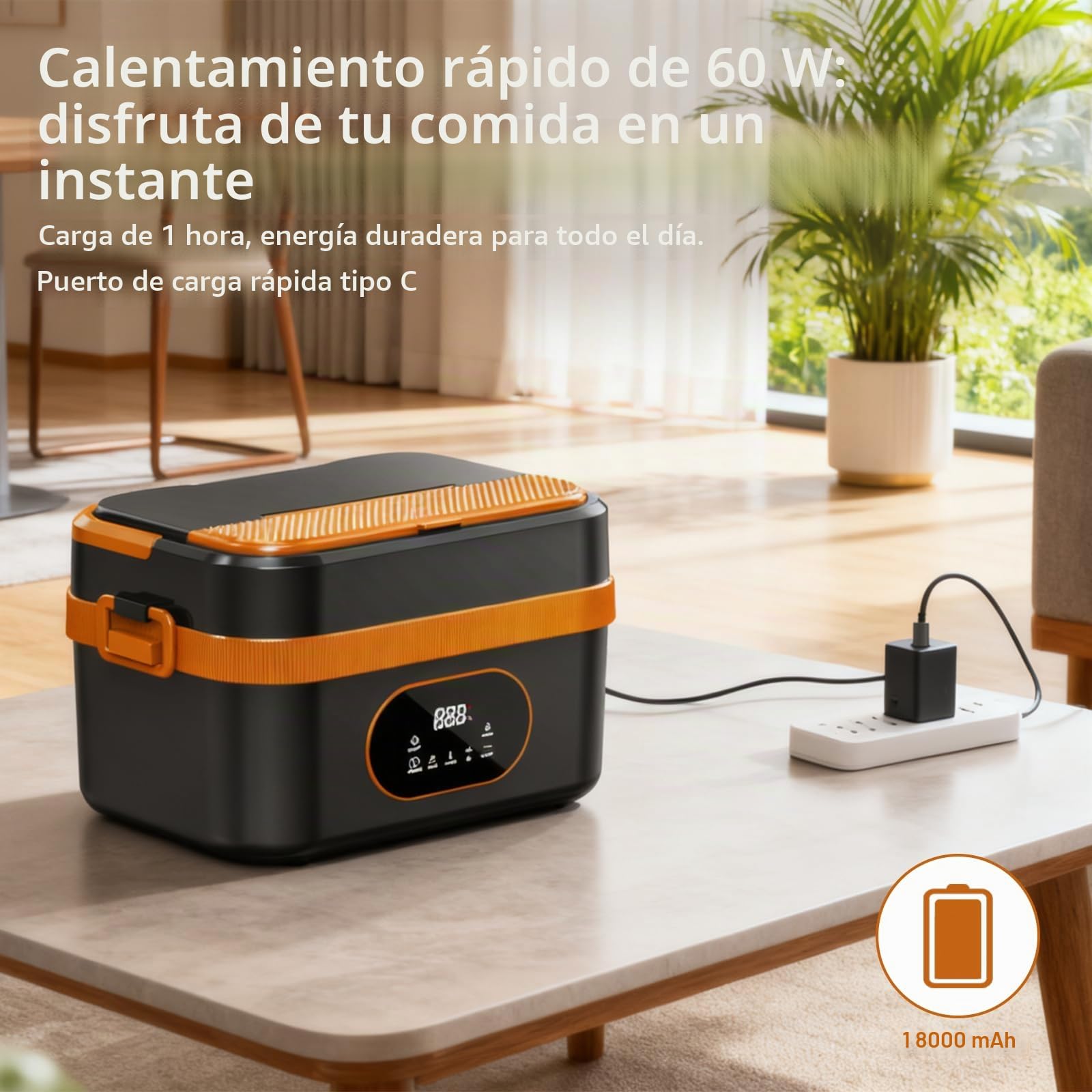 Fiambrera Eléctrica con Batería de 18.000 mAh, Fiambrera Térmica de 1,5 L de Acero Inoxidable 304, Calentamiento Rápido de 60 W, Recipiente Extraíble con Tenedor & Cuchara