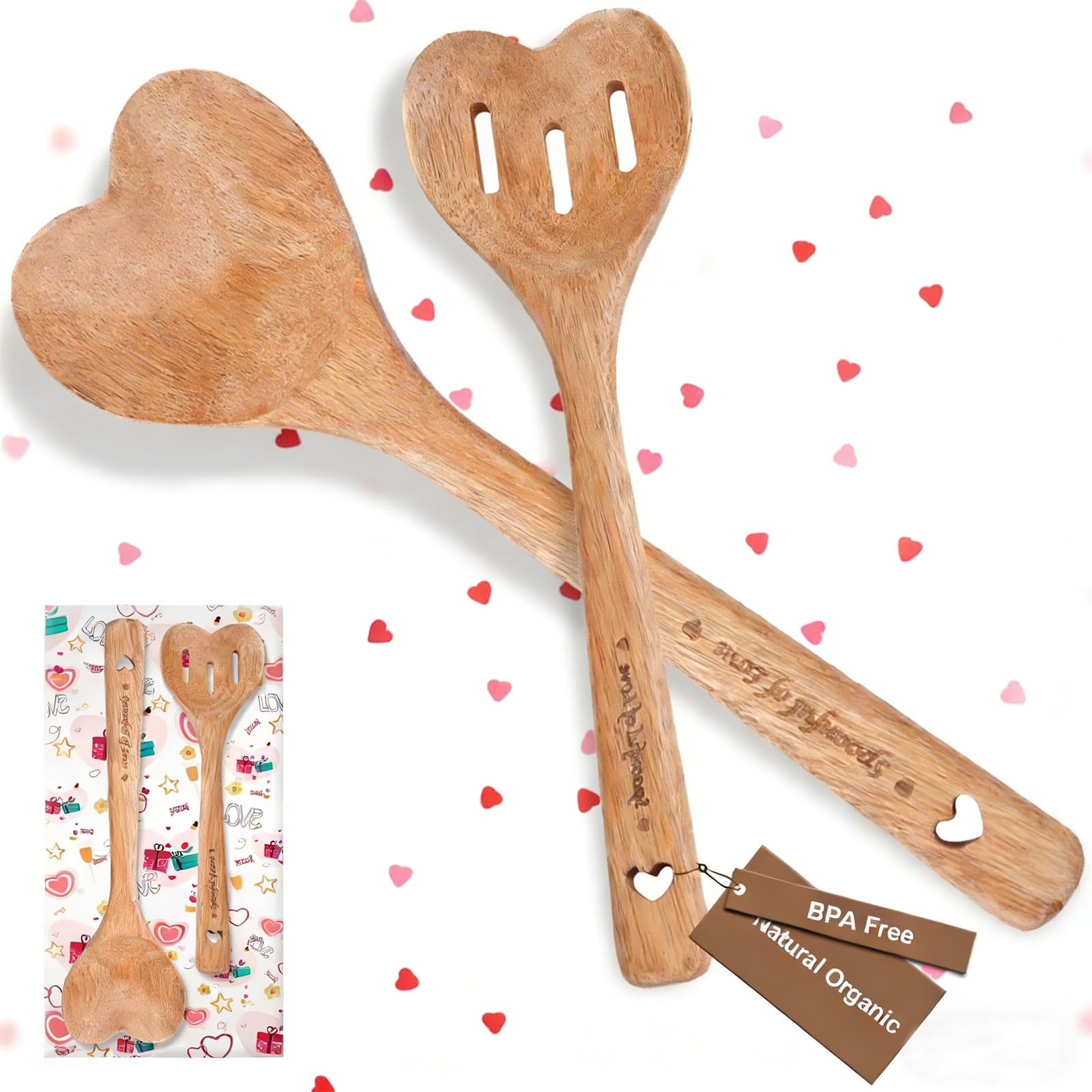 Love Spoons - 2 Piece Hearts Shaped Wooden Spoon Cooking Utensils,Premium Wooden Kitchen Utensils,Birthday Gifts for Women Mom Grandma,Love Hearts Gifts for Cooks Hostesses Couple