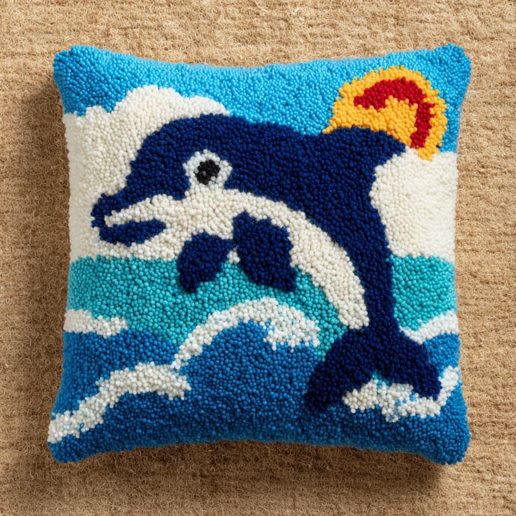 Henypt Latch Hook Craft Kit 17x17 Inch,Animal Dolphin Complete Embroidery Cushion Kit,Creative Craft Stress Relief Handmade Gift for Beginners