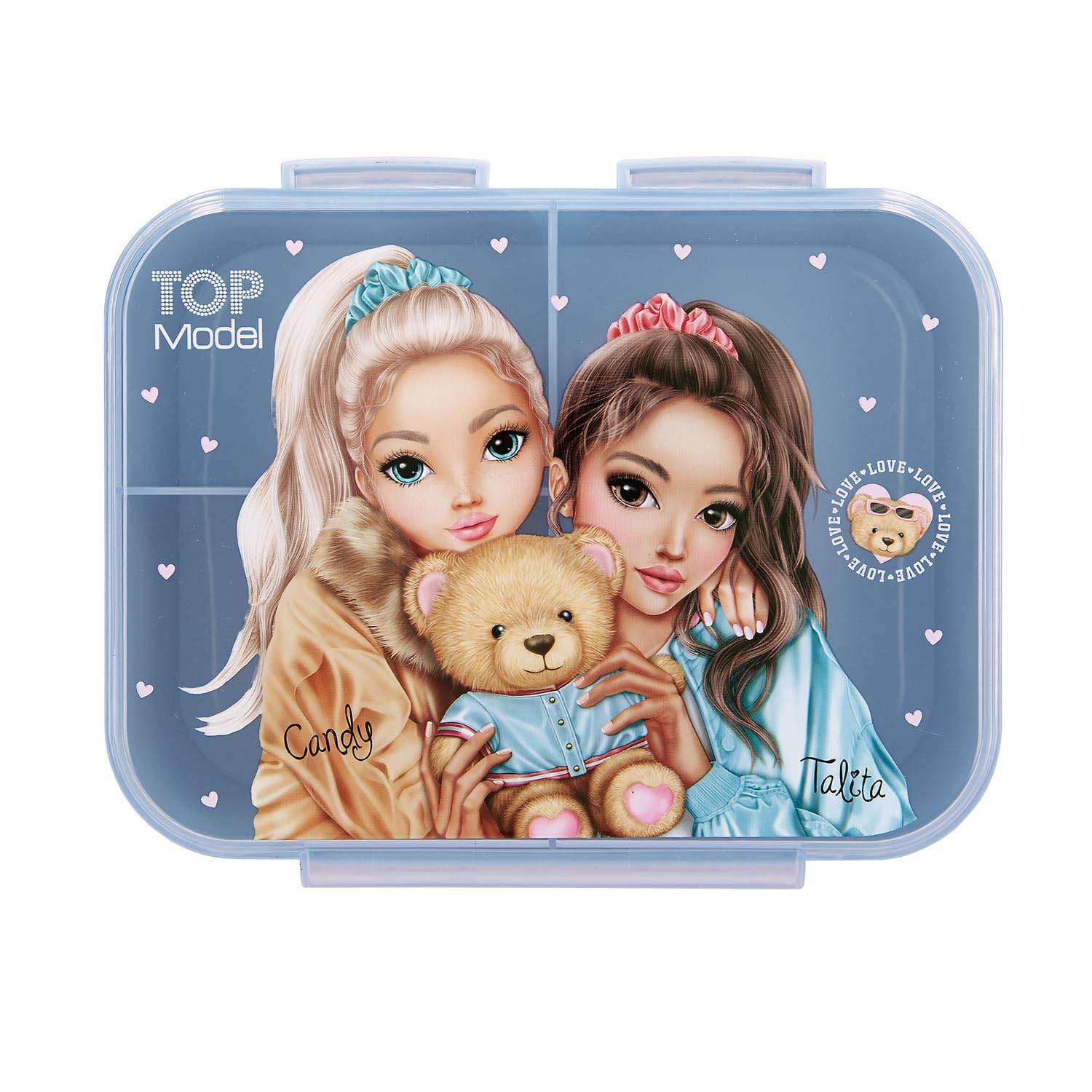 Depesche Girls Multicoloured Topmodel Team Teddy 13255 Lunch Box In Pink With Model Motif And Chequered Pattern, Lunch Box With 3 Compartments And Transparent Blue Lid