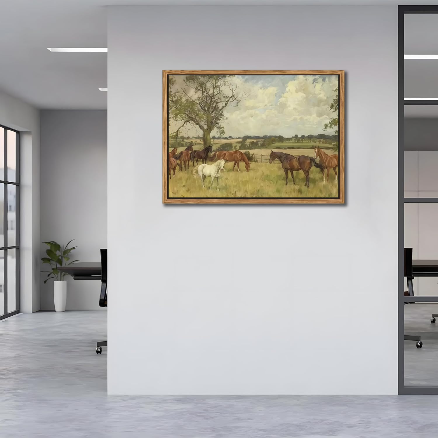 SAMHOU Floating Framed Canvas Wall Art, Vintage Nature landscape Picture Wall Decor, Majestic Brown Horse in The Countryside Poster Prints for Living Room Bathroom Bedroom Rustic Decor 12x16 inch