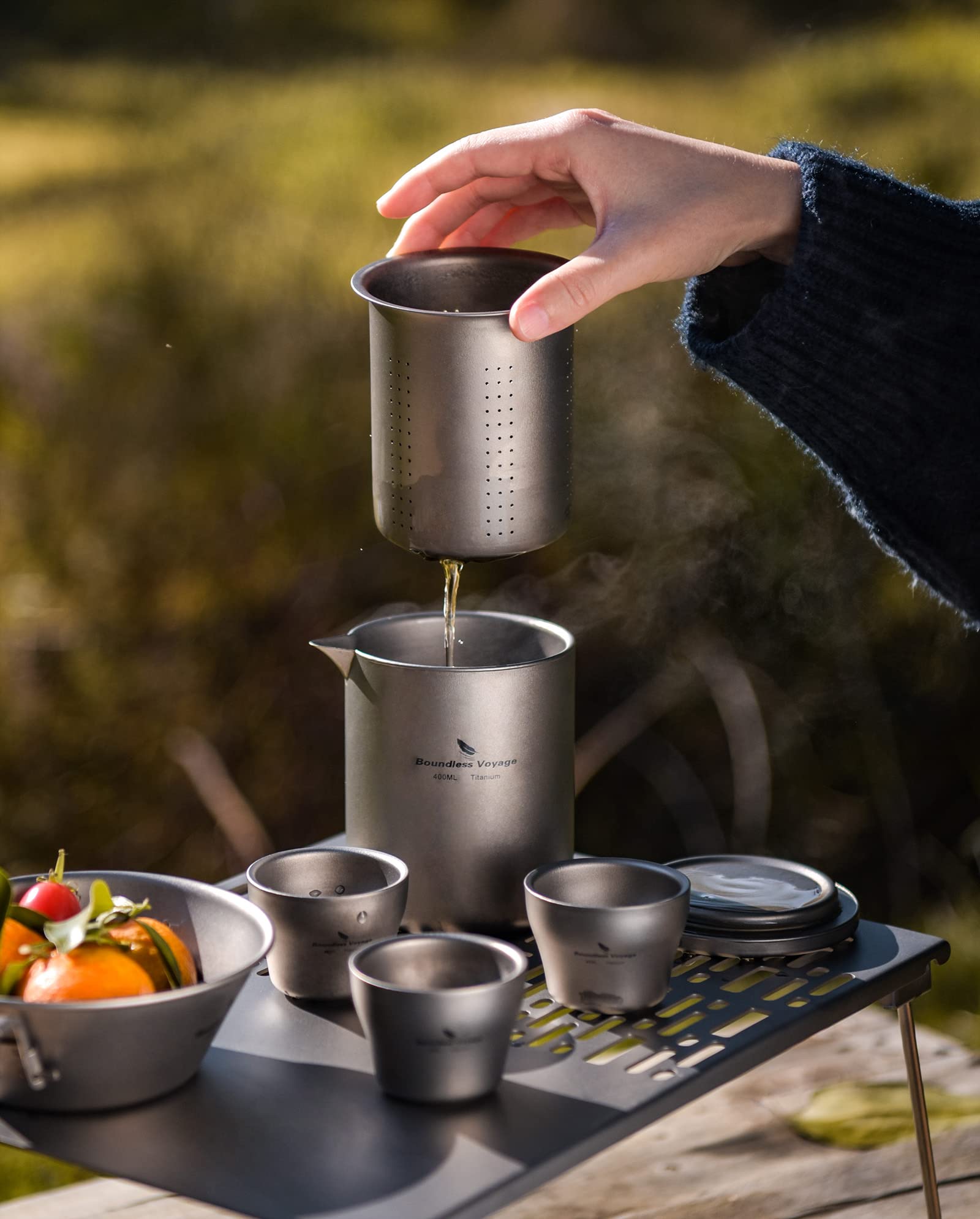iBasingo Titan Tee Set Doppelschicht Tee Maker Leichte Teekanne mit Filter Outdoor Camping Reise Portable Teetasse Becher Home Küche Tee Dinge Metall Drinkware mit Infuser für Losen Tee Ti3120D