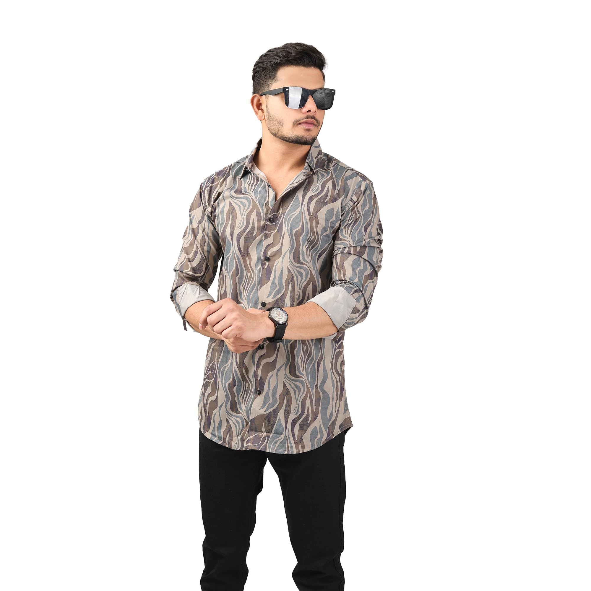 CLOTHG Mens Shirt Marble Printed Corded Collar Shirt Cotton Blend Full Sleeve Casual Shirt Summer-Regular Fit Occasions/Wedding/Party