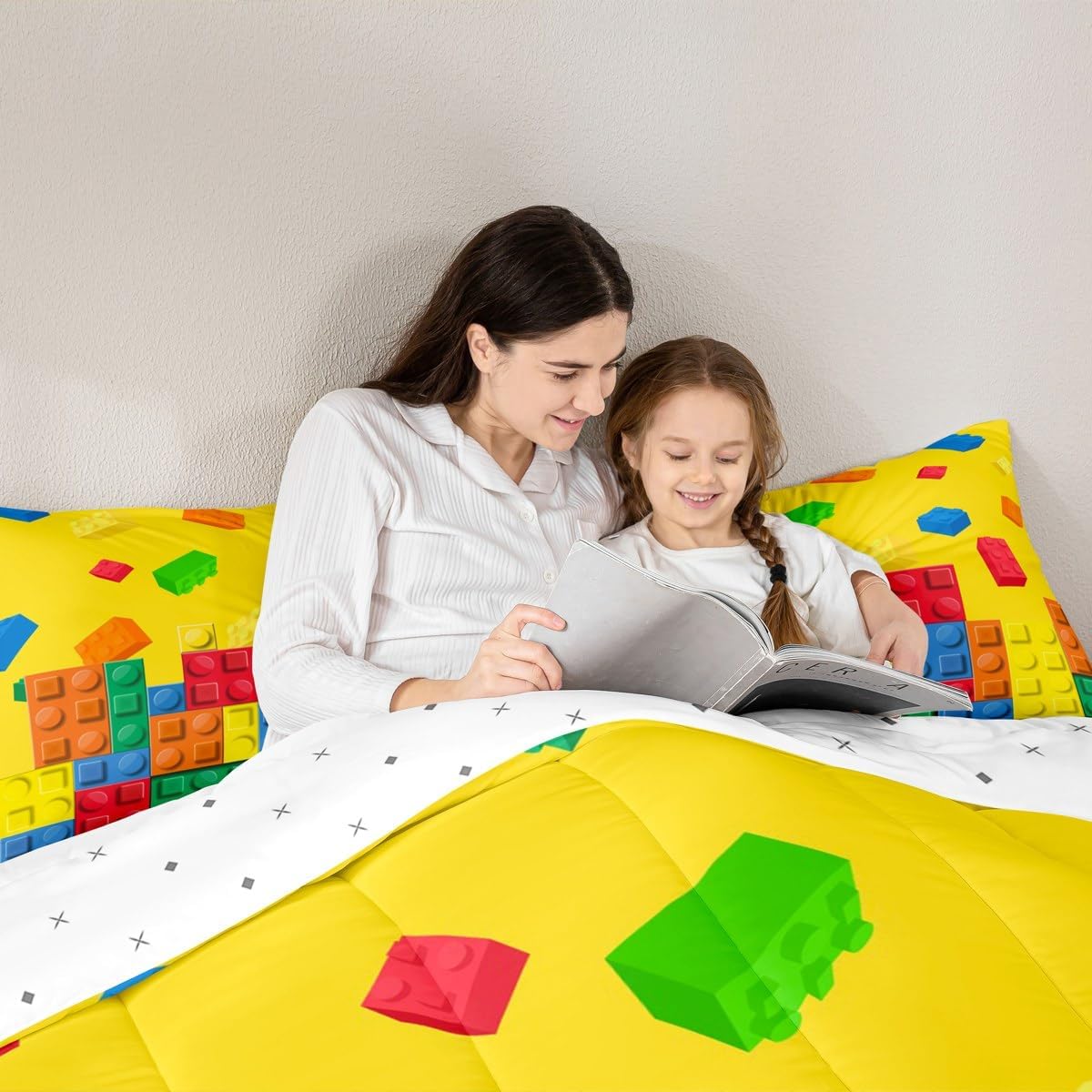 Feelyou Building Block Print Comforter Set Queen Size Kids Brick Styles Comforter for Boys Teens Colorful Bedding Set Breathable Gaming Yellow Duvet Set Room Decor Quilt Set