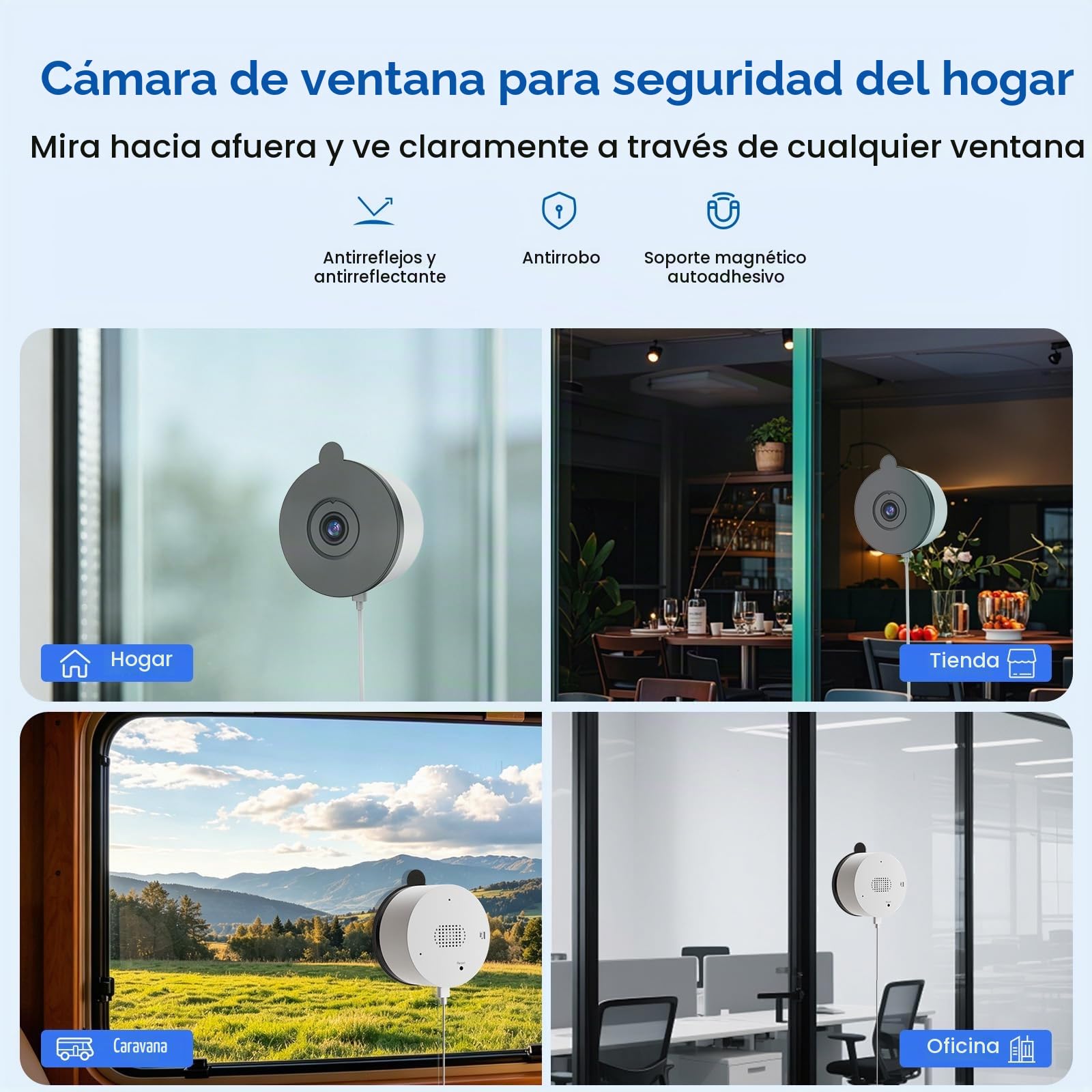 Cámara de Ventana 3MP 2K, WiFi 2.4GHz & 5GHz, Sin Taladros | Cámara Vigilancia Interior, Visión Nocturna en Color, Detección de Personas/Vehículo, Grabación 24/7, Antirreflejo