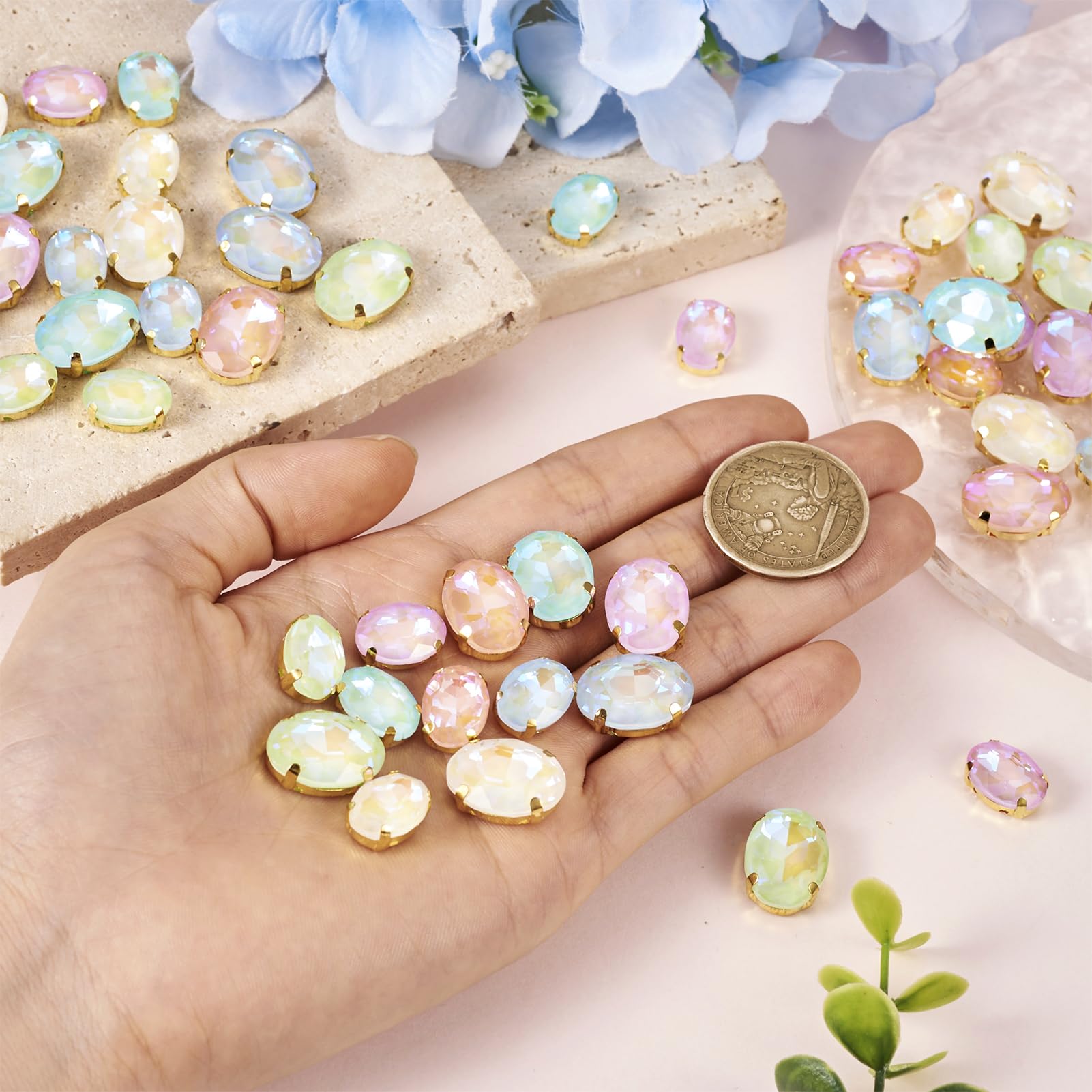 48pcs Sew on Rhinestones for Clothing with Claws Crystal Flat Back Sewing Gems Faceted Oval Shape for Clothes DIY Craft Shoes Dress Jewelry Making