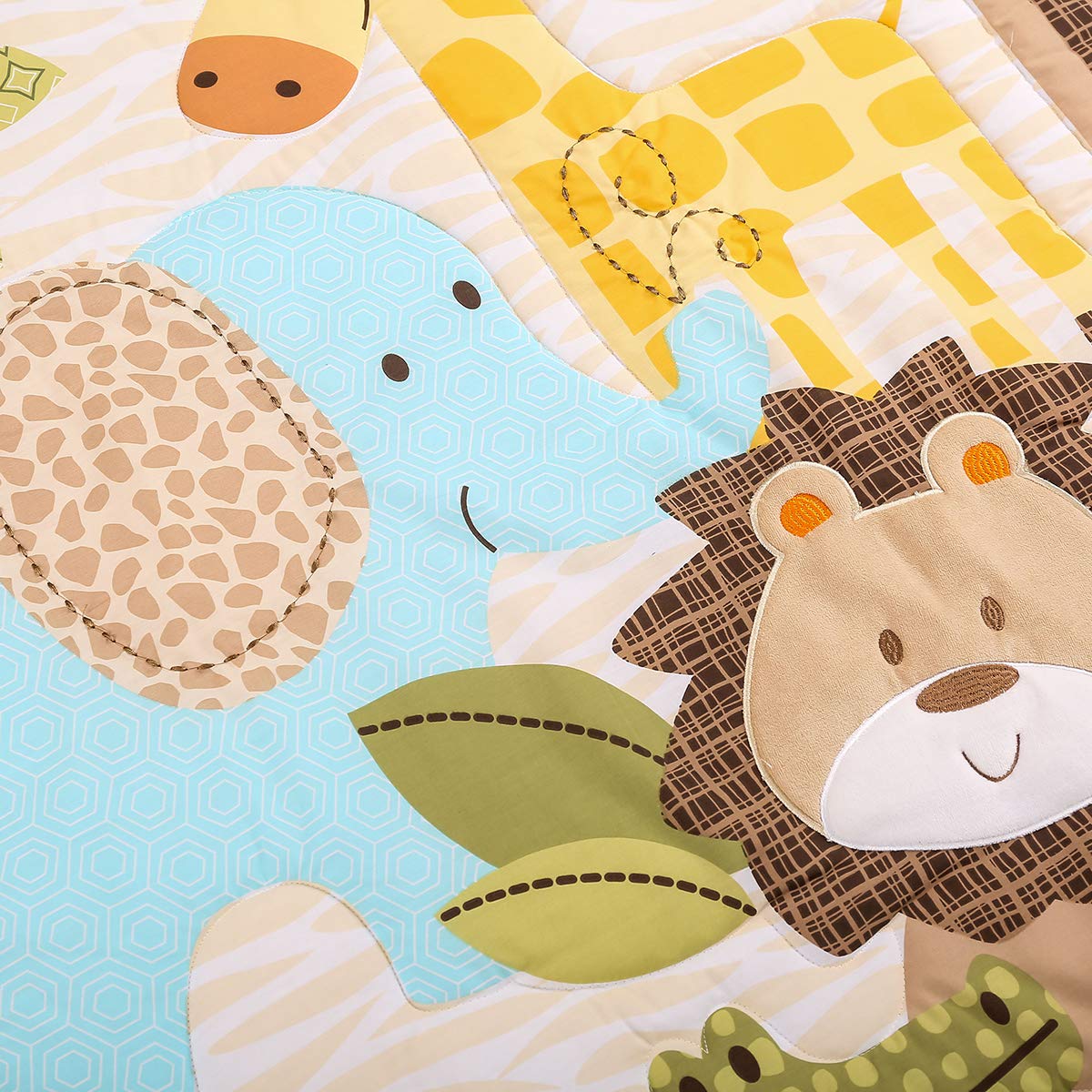 Brandream Juego de ropa de cama para cuna, safari en la selva, juego de ropa de cama para bebé, elefante, león, jirafa, animal, cuna, sábana bajera, falda de cuna, 3 piezas verde/amarillo/menta/gris