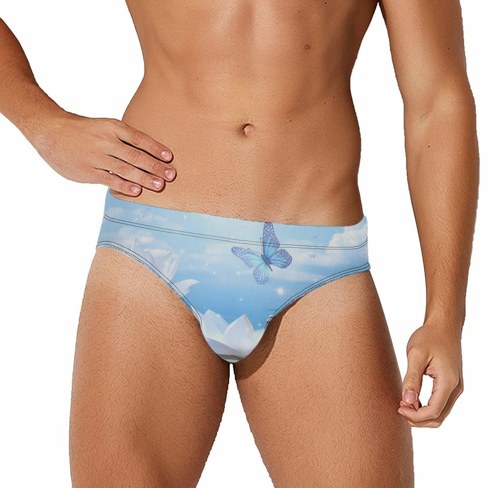 White Flower and Stone with Butterfly Mens Swim Briefs Quick Dry Swim Trunk Bikini Underwear Swimsuit S