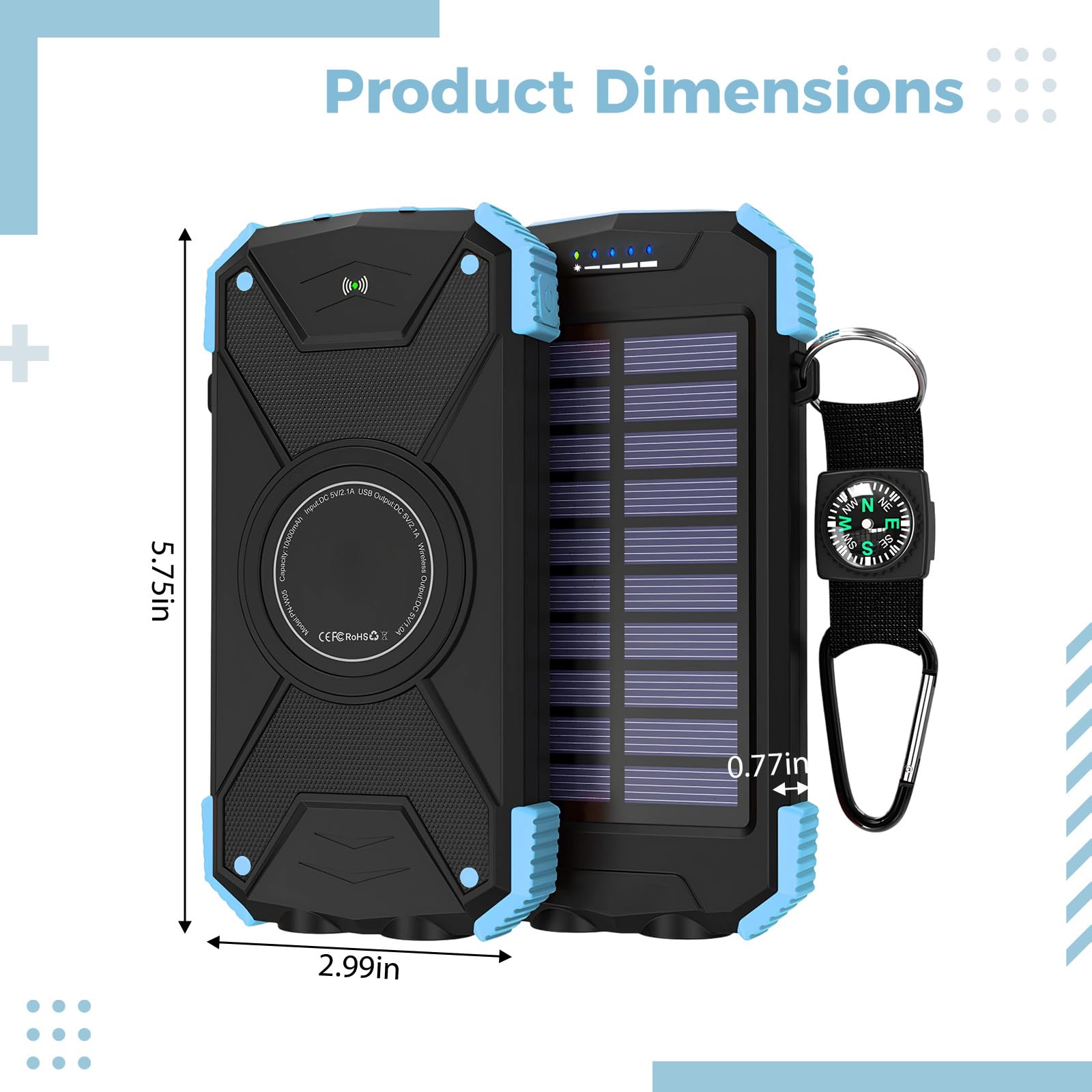 Banque d'énergie solaire 10 000 mAh, chargeur portable sans fil avec indice d'étanchéité IP66, dispositif de charge rapide, boussole et double lampe de poche LED pour camping en plein air urgence