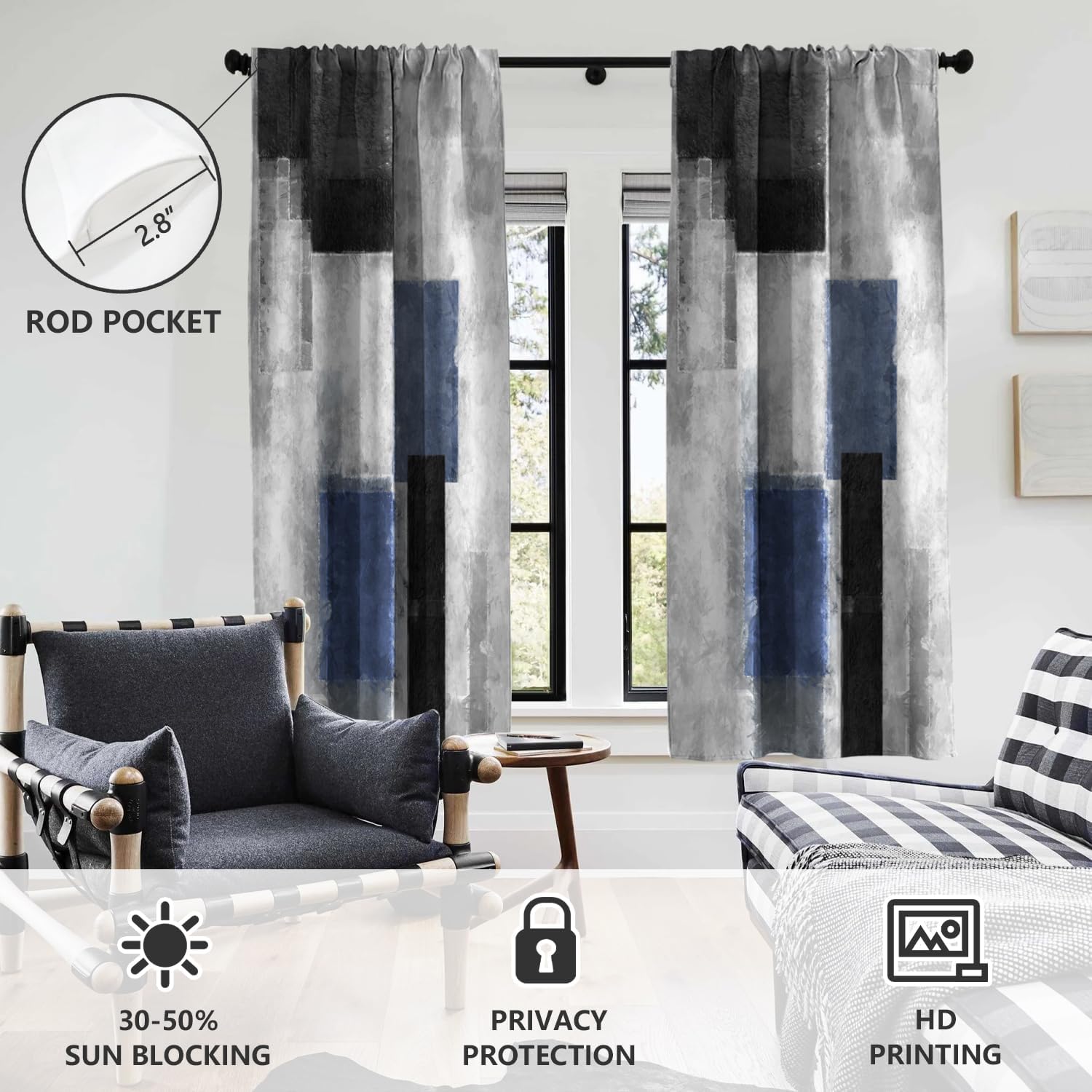 AAtter Blue Black Grey Window Curtain Navy White Gray Abstract Geometric Art Aesthetic Minimalist Boys Mens Long Wide Living Room Bedroom Drapes Treatment Fabric 1 Pair, 52" W x 84" L, Modern