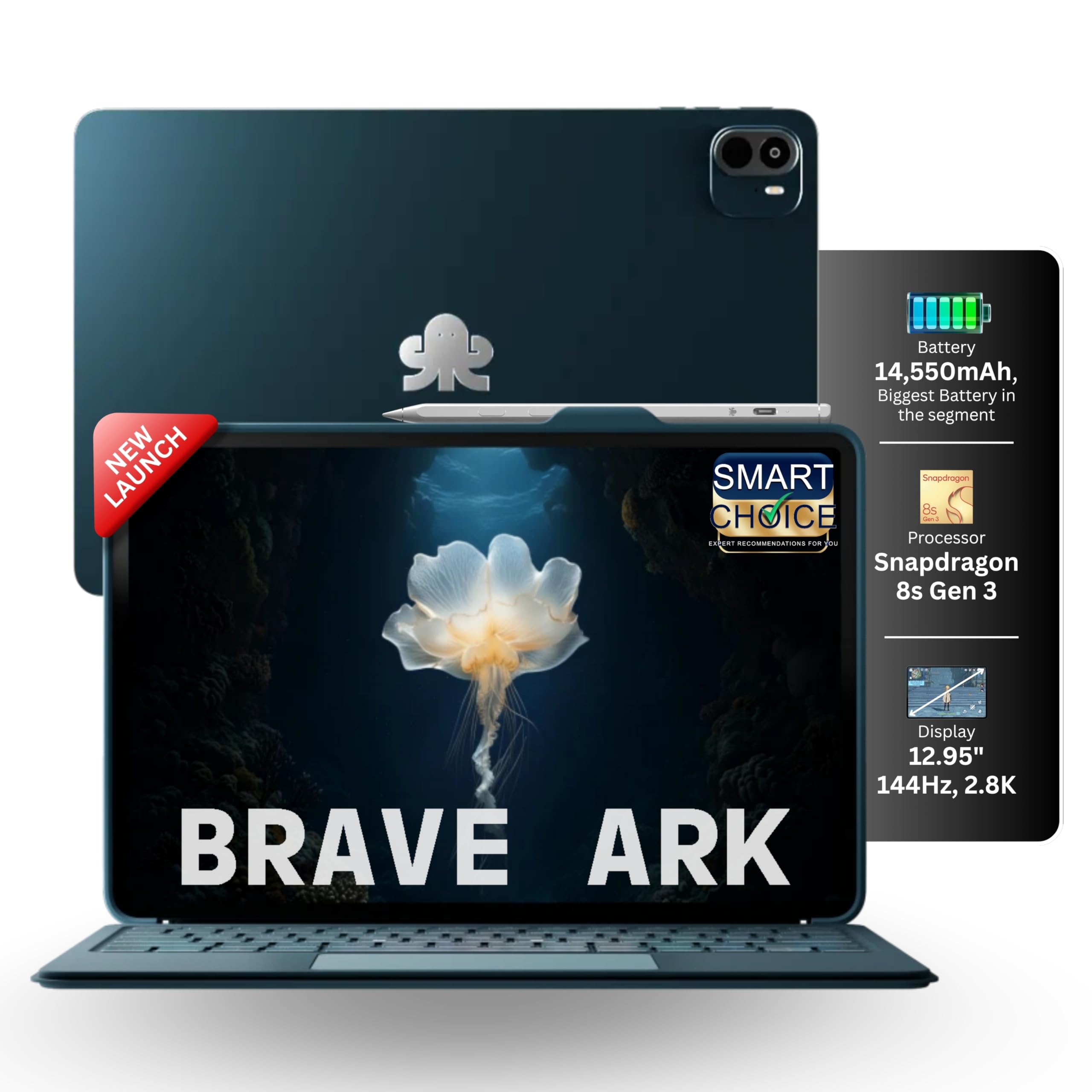 Brave Ark (SmartChoice) Android Tablet with Pen + BT-Keyboard| 12.95"(32cm) 2.8K 144Hz Display| Snapdragon 8s Gen 3| AI-Enabled|12GB RAM, 256GB ROM| Segment's Biggest 14550mAh Battery| 8 Speakers|WiFi