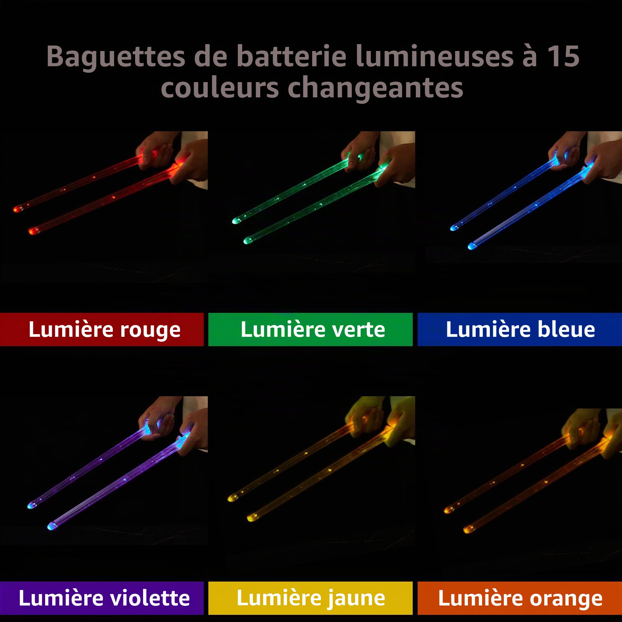 Vhffoso Lot de 2 baguettes de batterie rechargeables avec 15 couleurs changeantes à DEL avec sac de rangement, baguettes phosphorescentes, cadeaux de batteur pour adultes