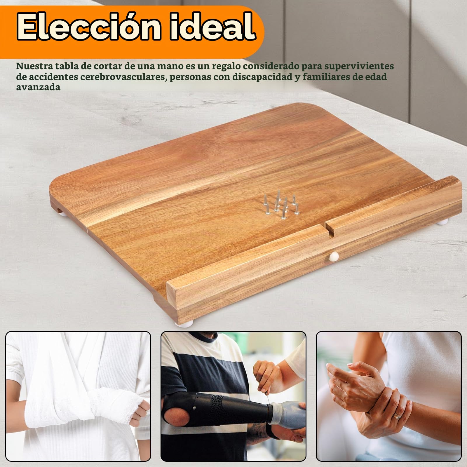 Tabla de cortar adaptativa de madera con pinchos, superficie lisa, tabla de cocina para discapacitados con fondo antideslizante para verduras, frutas y carnes