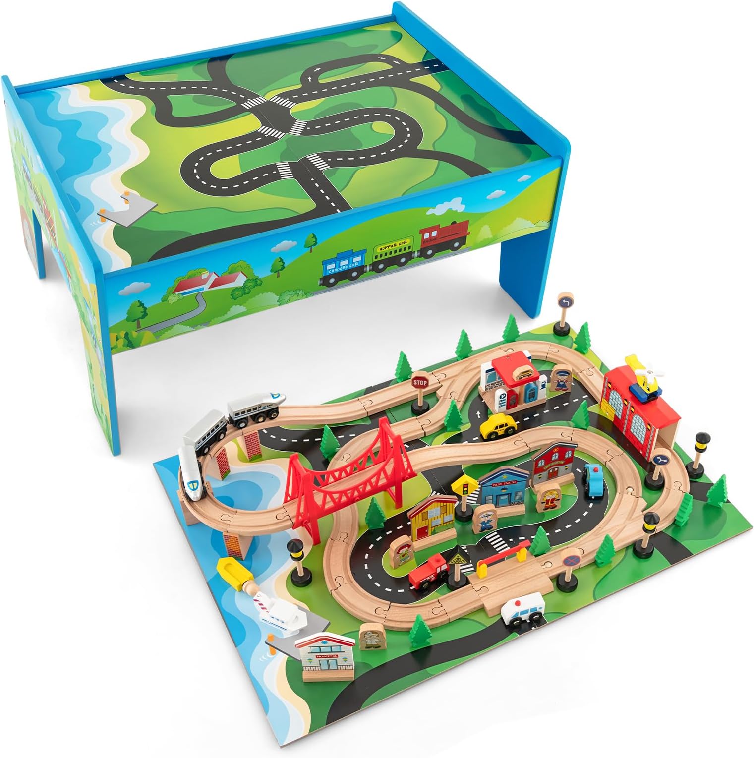 Maxmass Wooden Train Track Set, Kids Railway Play Table with 100 Pieces Toy and Rolling Storage Drawer, City Train Activity Playset for 3+ Years Old (80PCS, 83 x 60 x 40 cm)