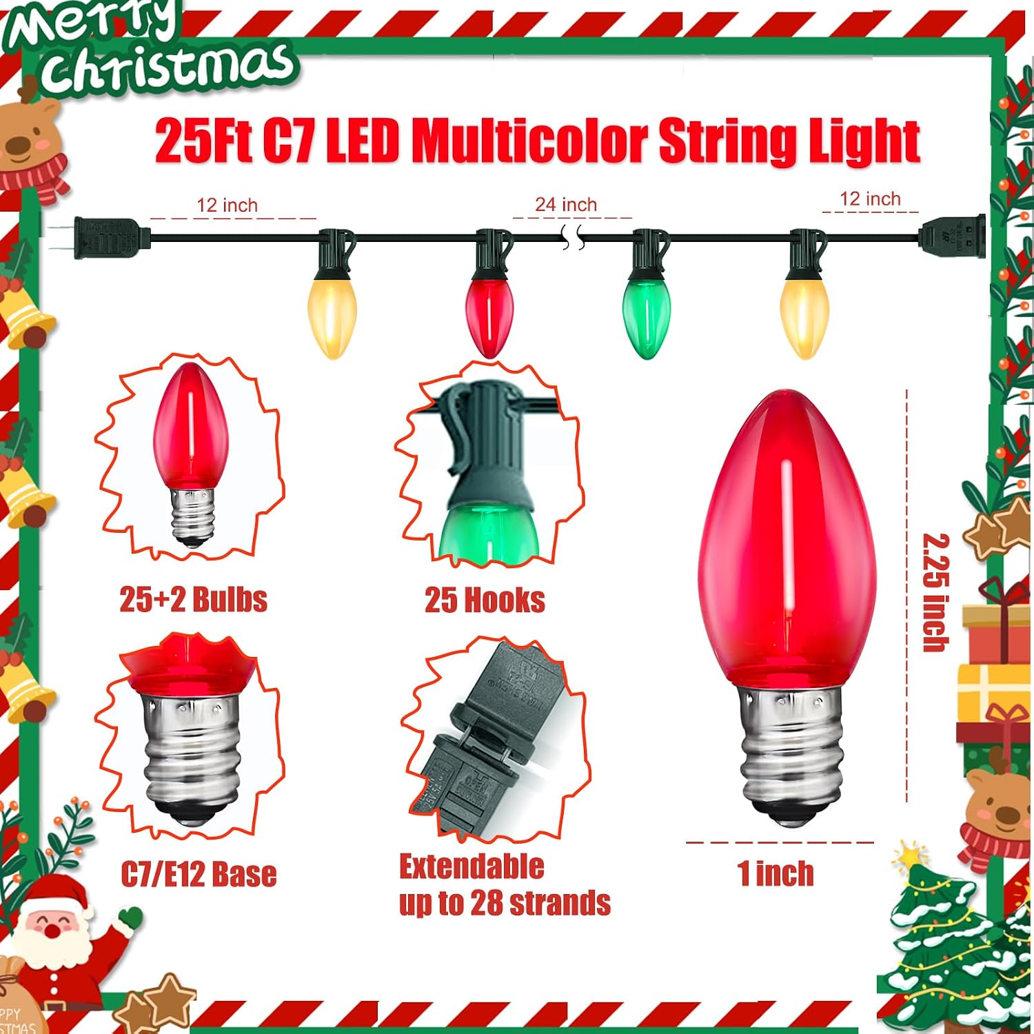 C7 LED Christmas Lights Outdoor, 25FT Clear Red Green and Frosted White Christmas String Lights with 27 LED Energy-Efficient Bulbs, Hanging Christmas Decorations Lights for Party Patio Garden Yard