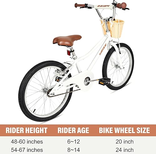 Miniatura 6 de WEIZE Girls Bike for 6-12 Years Old, 20 Inch Kids Bike with Basket and Kickstand, Retro Style Childrens Bicycle for Teen Girls, Lightweight Steel