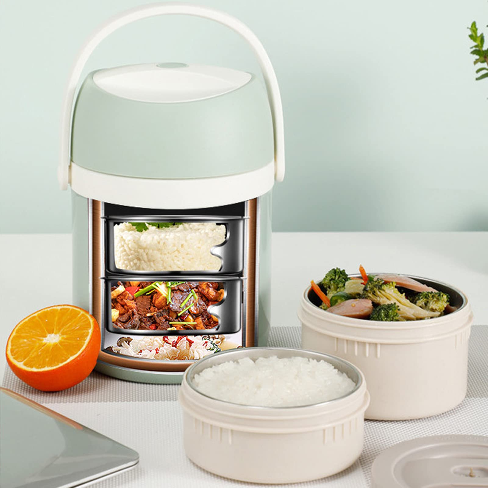 Fiambrera Térmica de Acero Inoxidable, Frasco Aislante térmico para Alimentos Apilable a Prueba de Fugas,Lunch Box Caja bento con Bolsa de Almuerzo y Cuchara Tenedor,Verde,1.6L+2 Layers