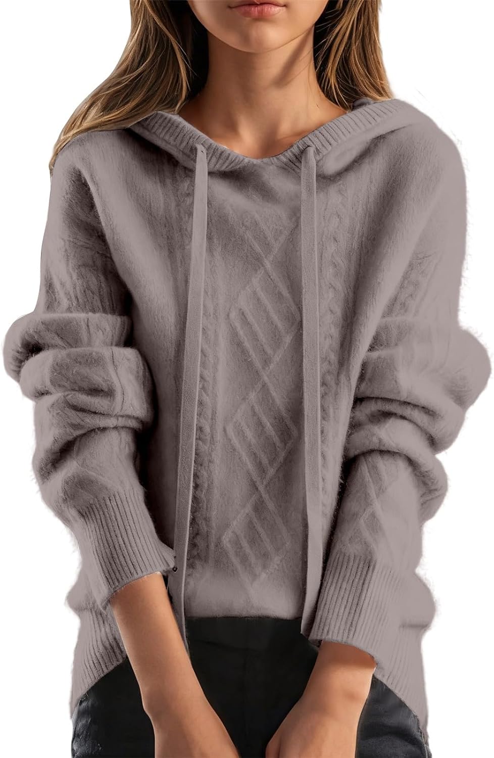 Womens Long Sleeve Cable Knit Sweater Jumper Drawstring Hoodies Soft Dressy Casual Pullover Tops Fall Trendy Outfits
