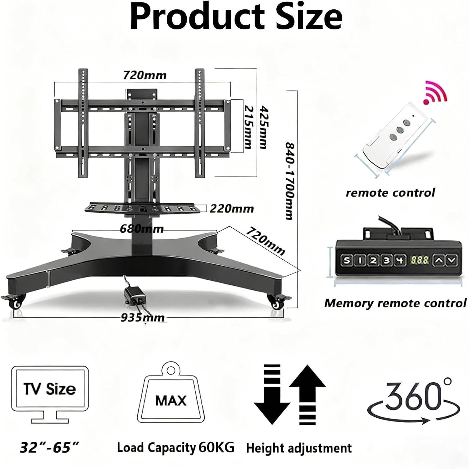 Height Adjustable Mobile TV Stand with Wheels, Rolling Cart for 32-75 Inch TVs, Remote Control Holder, Supports Up to 60kg, Easy Mobility & Versatile Viewing Solutions