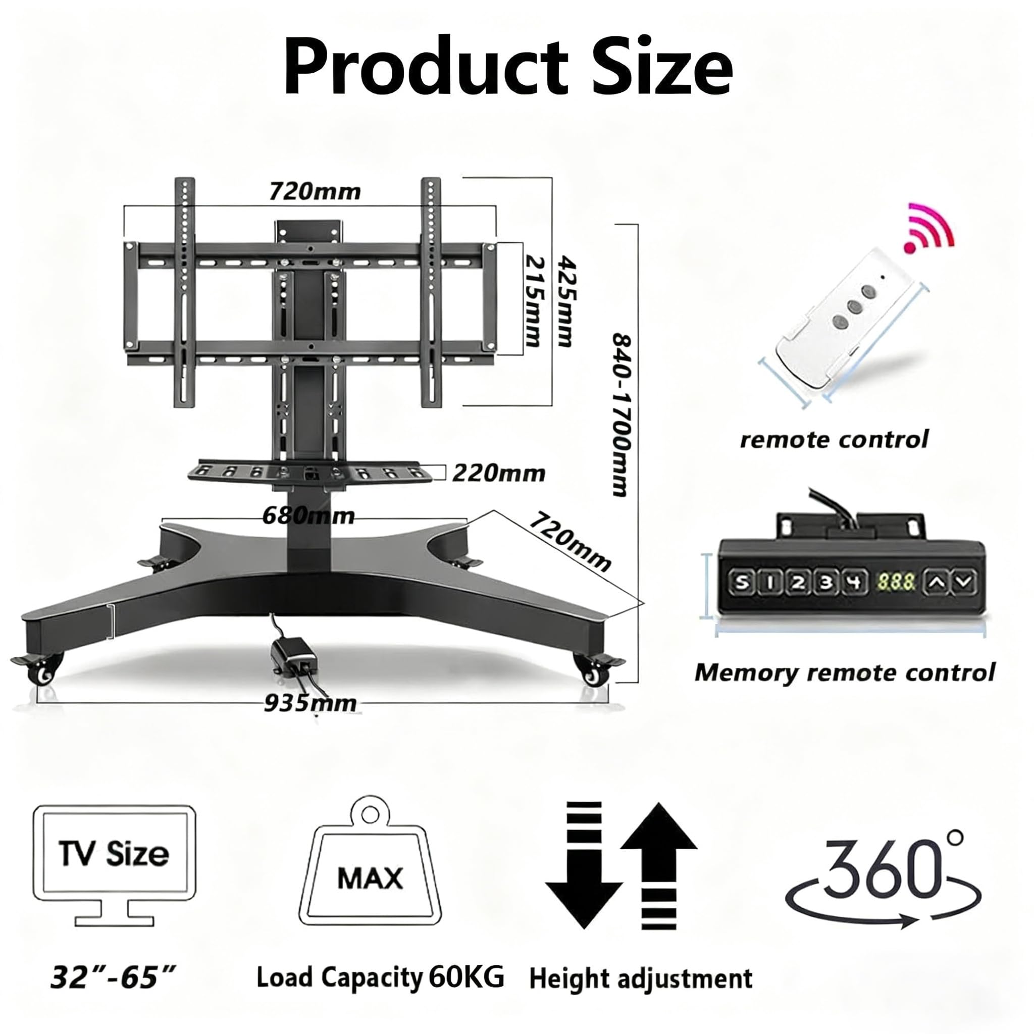 Soporte eléctrico para TV móvil de Altura Ajustable con Ruedas, Soporte de Suelo para TV LCD, Elevador telescópico con elevación automática, función de Memoria de Altura de 3 Niveles, Soporte rodante