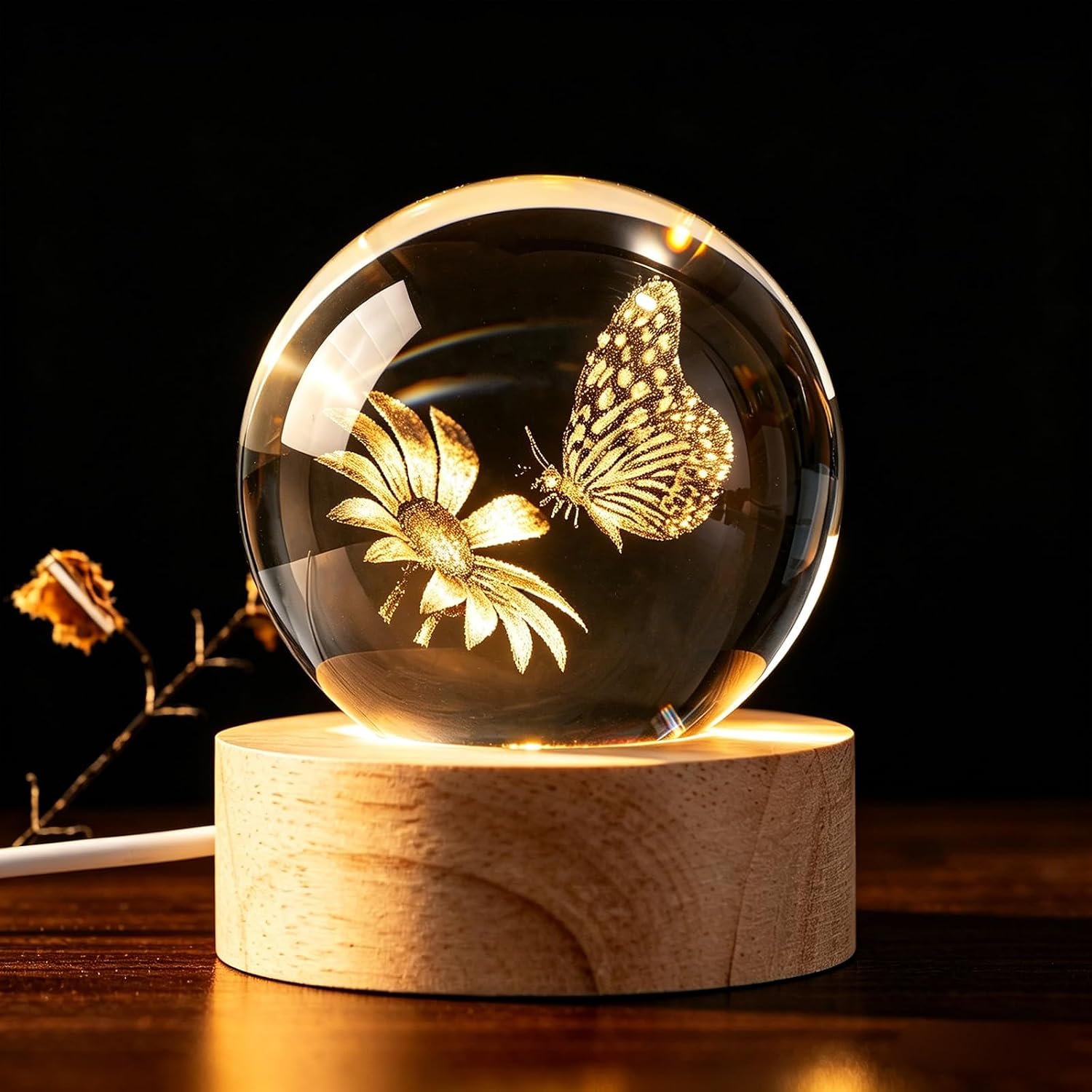 3D Butterfly Flower Crystal Ball, 2.4in 60mm Color‑Changing LED Night Light with Wooden Base, K9 Crystal Sphere, Home Decor Gift for Mom Wife Women