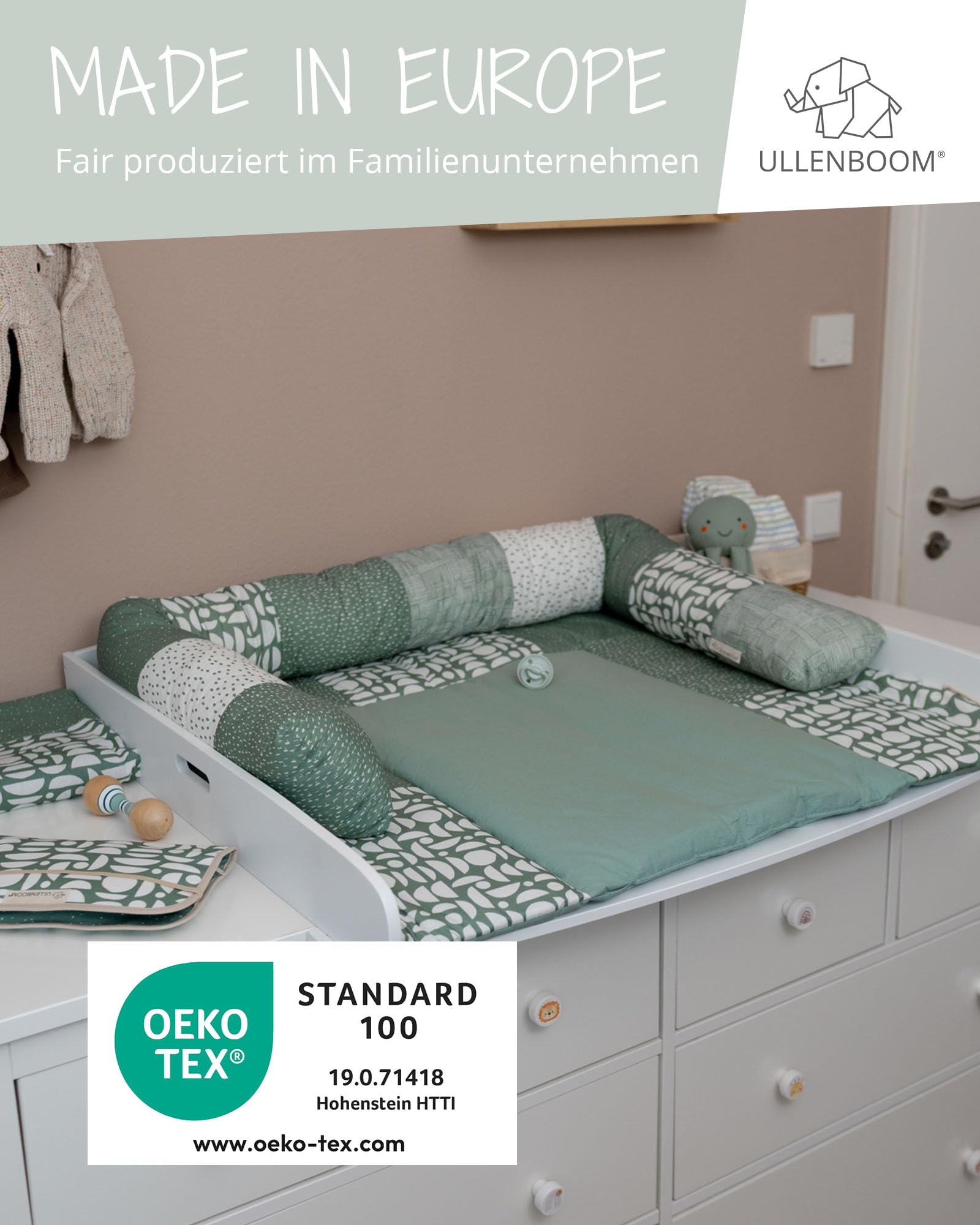 ULLENBOOM ® Wickelauflage 85x75 cm, Grün (Made in EU) - Wickelunterlage Waschbar und für Unterwegs geeignet, Bezug: 100% OEKO TEX Baumwolle, Wickeltischauflage 75x85
