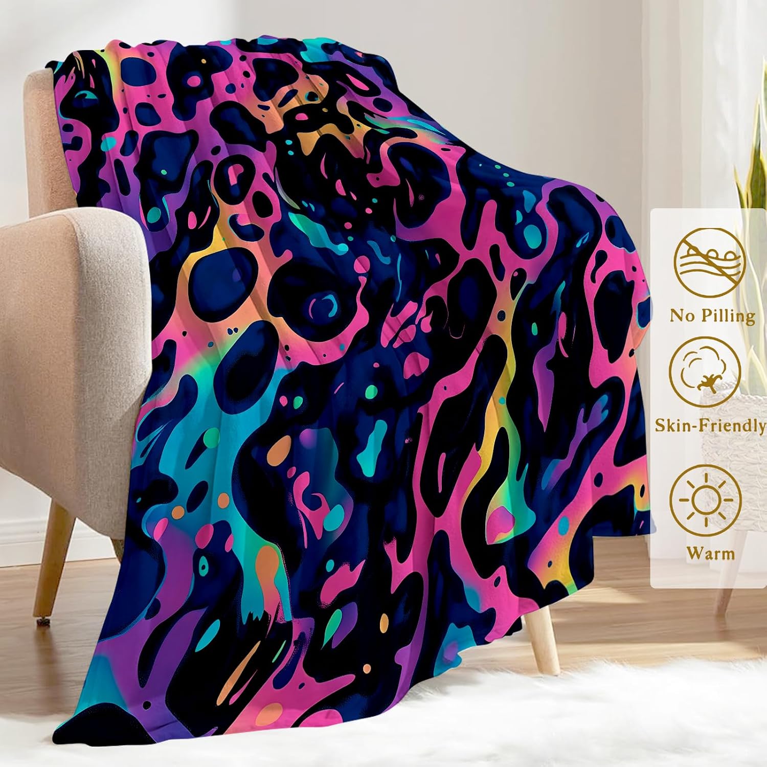 Neon Leopard Flannel Blanket - Vibrant Psychedelic with Bold Colors Abstract Throw - Lightweight Soft Cozy Gifts Blankets for Kids Adults,Modern Art Decor,Home Room Bold Accent 50x60in