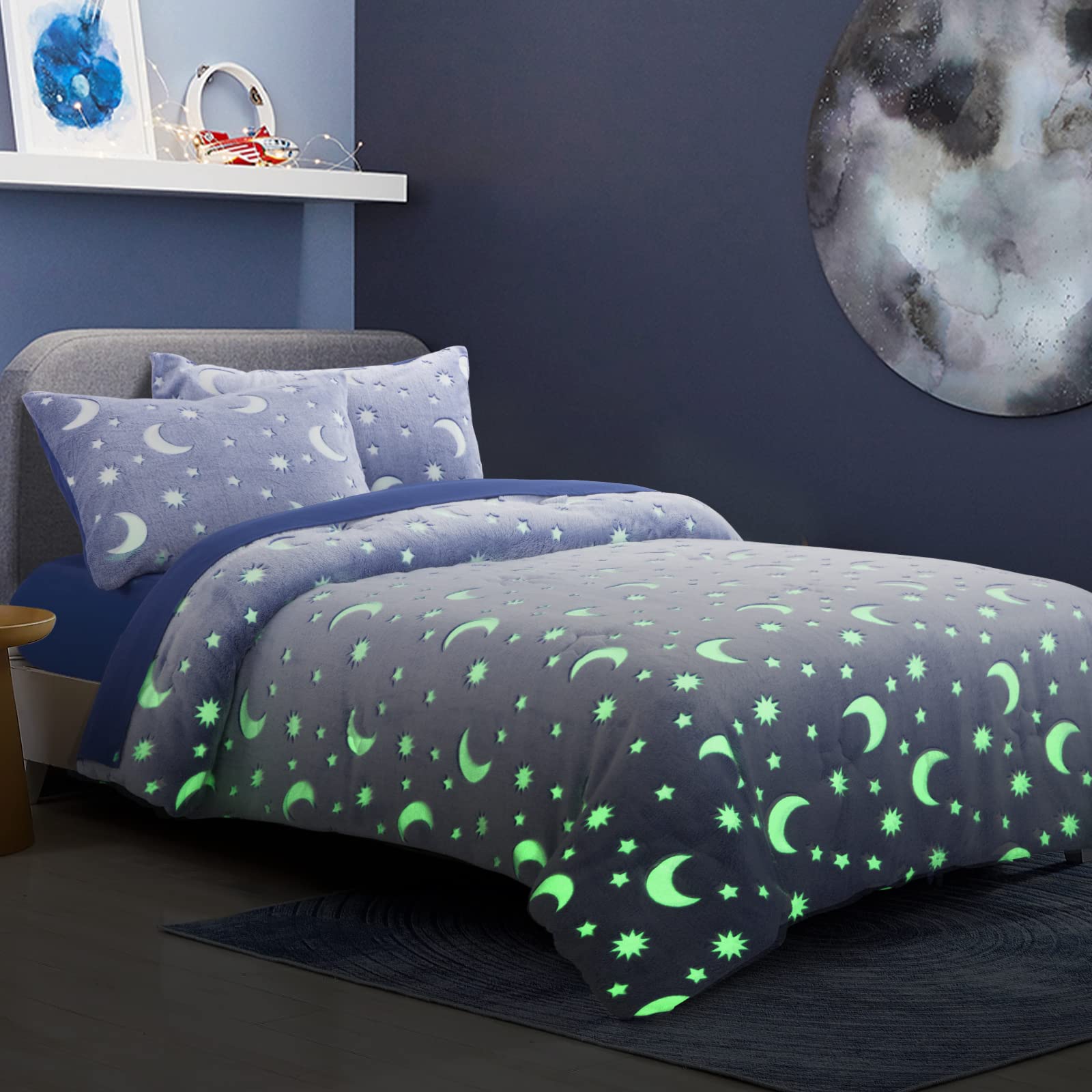 BALAPET 7 Piece Queen/Full in The Dark Bedding Comforter Set with Sheet, Blue Soft All Season Glowing Stars Comforter Set for Girls Kids Childern with Matching Pillowcase