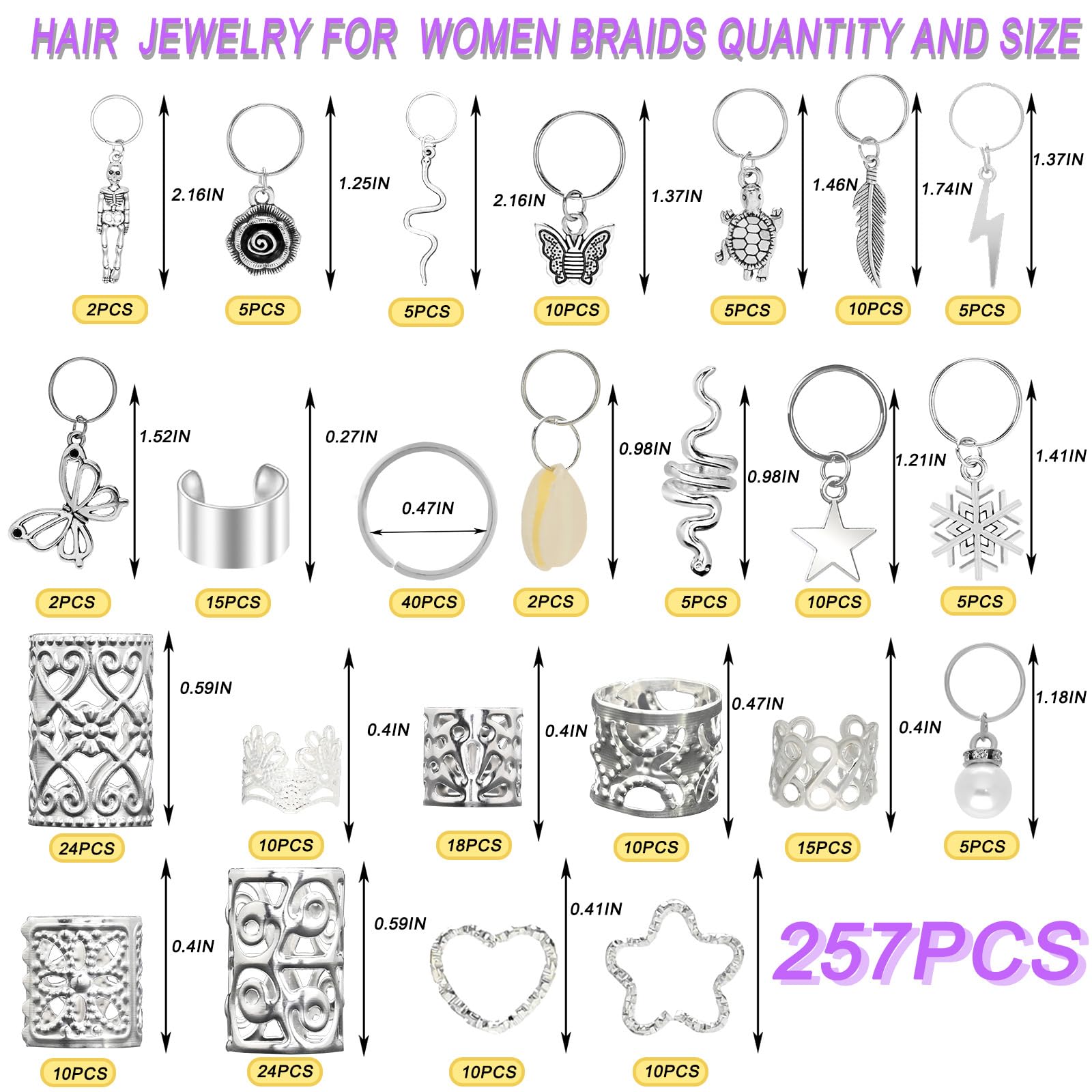 Joyeee Kit Perline Argento per Capelli in Scatola Organizzatrice – Oltre 257PCS Manicotti Filigrana Argento Fiocchi Neve Conchiglie Charm Farfalla per Treccine Dreadlocks