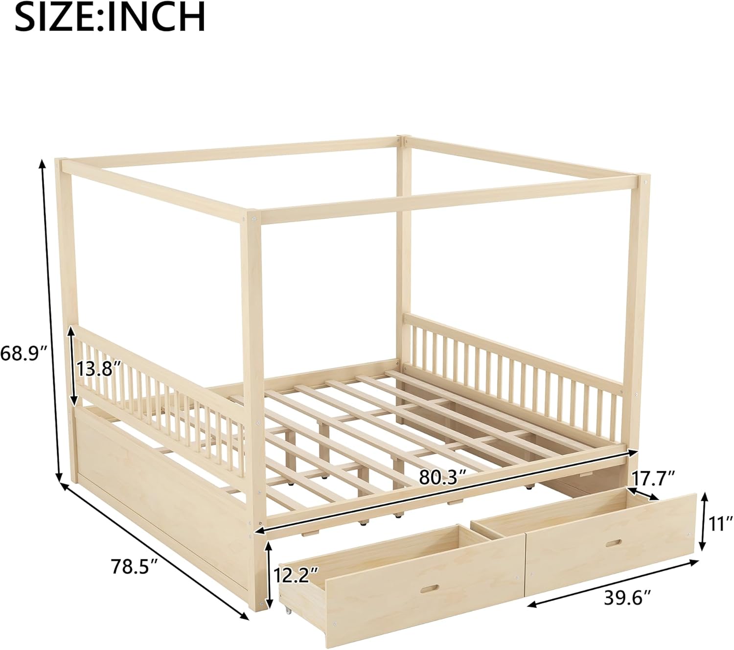King Size Canopy Bed with Drawers, Solid Wood 4-Poster Canopy Bed with Storage, Rustic Canopy Platform Bed Frame for Teens, Adults, Natural