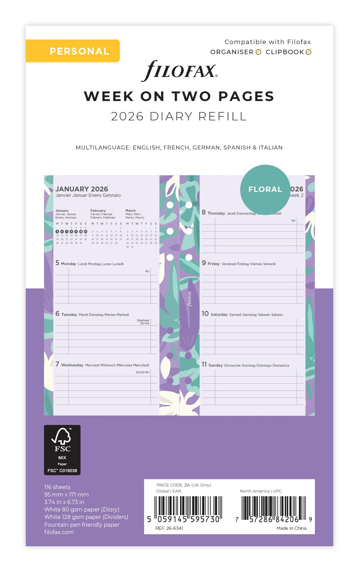 Filofax Kalender Personal Illustrated Diary Floral 1 Woche auf 2 Seiten (mehrsprachig) 2026